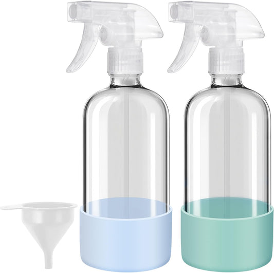 Glass Spray Bottles with Silicone Sleeves (2 Pack, 16 oz), Mist and Stream Empty Refillable Containers, Water Sprayer Misting Bottle for Cleaning Solutions, Planting, Hair Spraying, Green & Grey