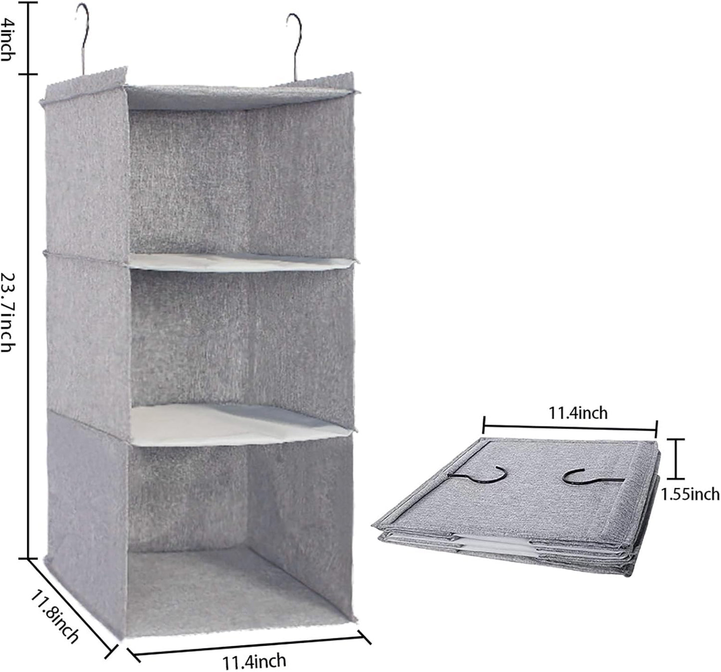 Hanging Closet Organizer, Easy Mount Collapsible 3-Shelf Camper Closet Wardrobe Hanging Storage Shelves, Folded Clothes Towels Handbag Shoes Accessories Storage, Linen Cloth, Gray