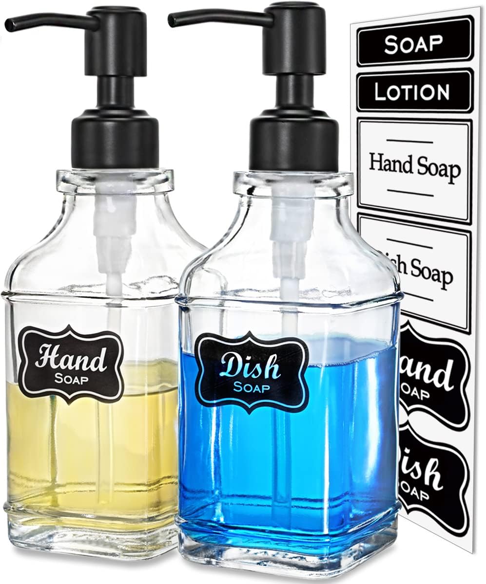 JASAI 2Pack Soap Dispenser with Rustproof Black Stain 304 Stainless Steel Pump, Stylish Hand soap Dispenser with 10Pcs Stickers, Refillable Glass Soap Dispenser for Kitchen & Bathroom.