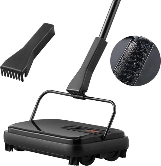 VEVOR Carpet Sweeper Manual, Floor Sweeper with 300 ml Dustbin Capacity Easy to Empty, for Home Office Carpets Pet Hair Dust, Black