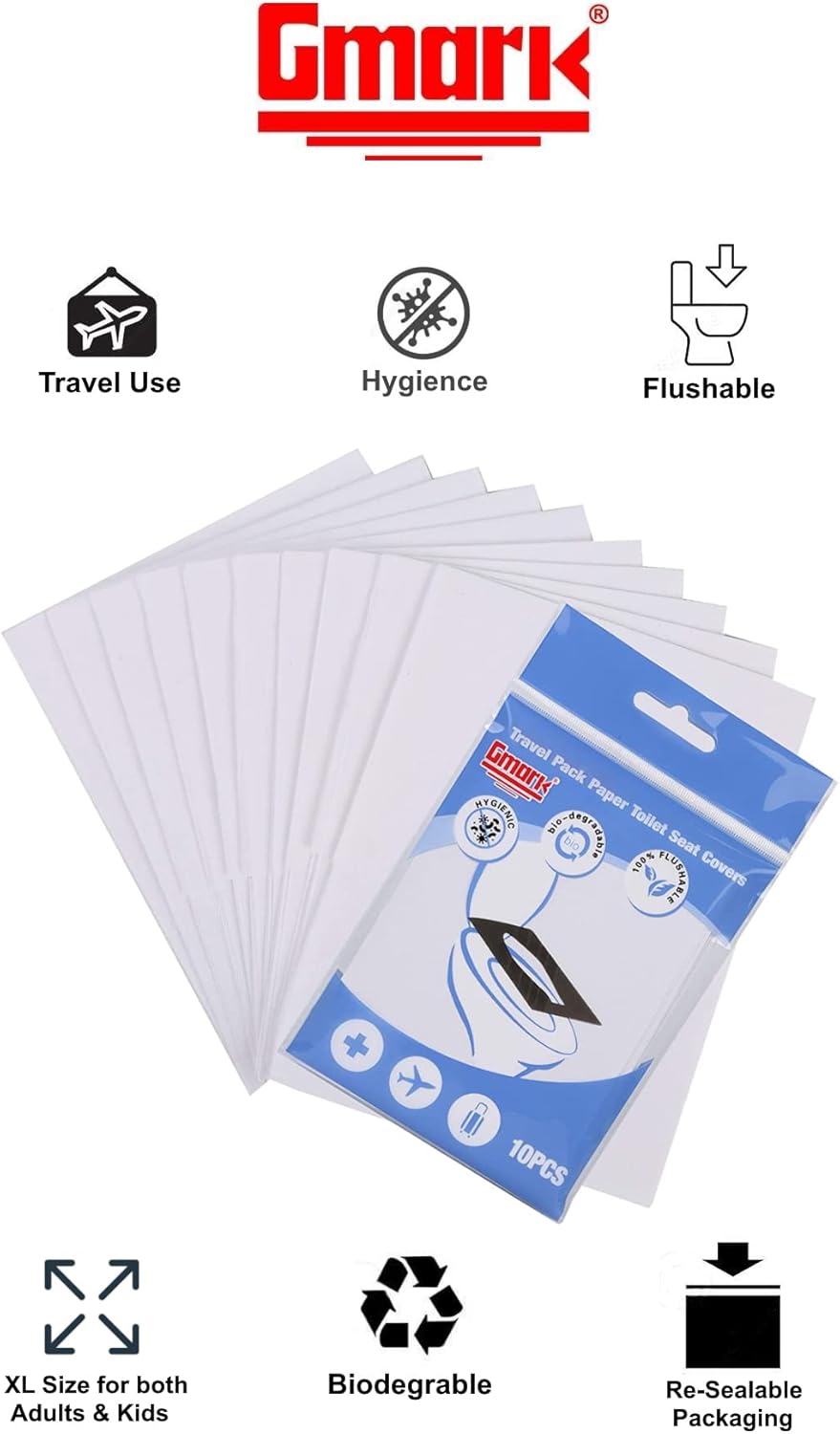 Gmark Portable Paper Toilet Seat Covers Travel Packs (100 PCS) XL size Thick Strength Strong 100% Virgin Paper Disposable Flushable Biodegradable Camping Airplane Travel Potty Training GM2002A