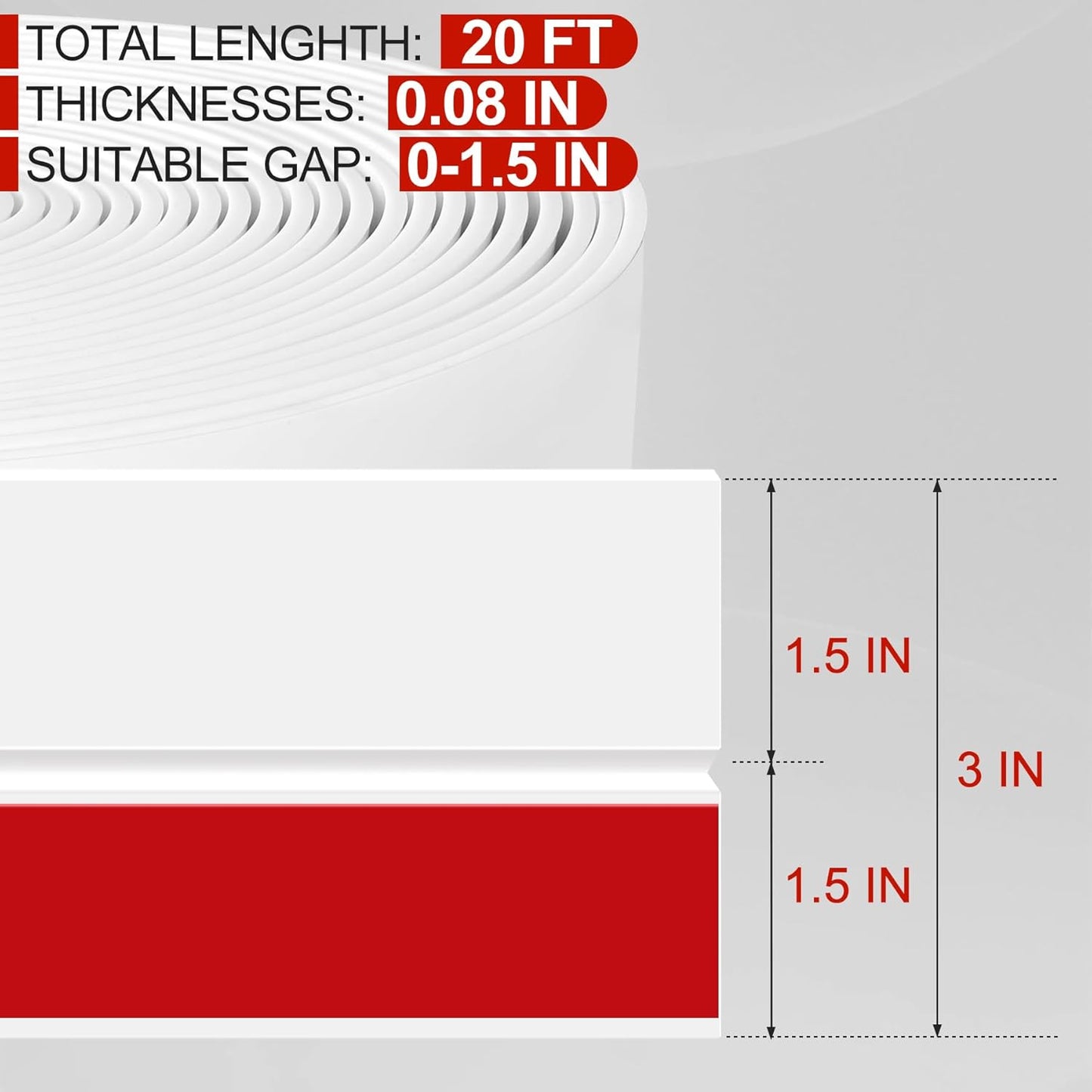 MYFAMIREA Door Weather Stripping 3IN (W) x 20FT (L) Door Draft Stopper Seal Tape Silicone Seal Strip Self Adhesive Shower Sweep Insulation Tape Side Bottom Strip for Sliding Glass Window Gap, White