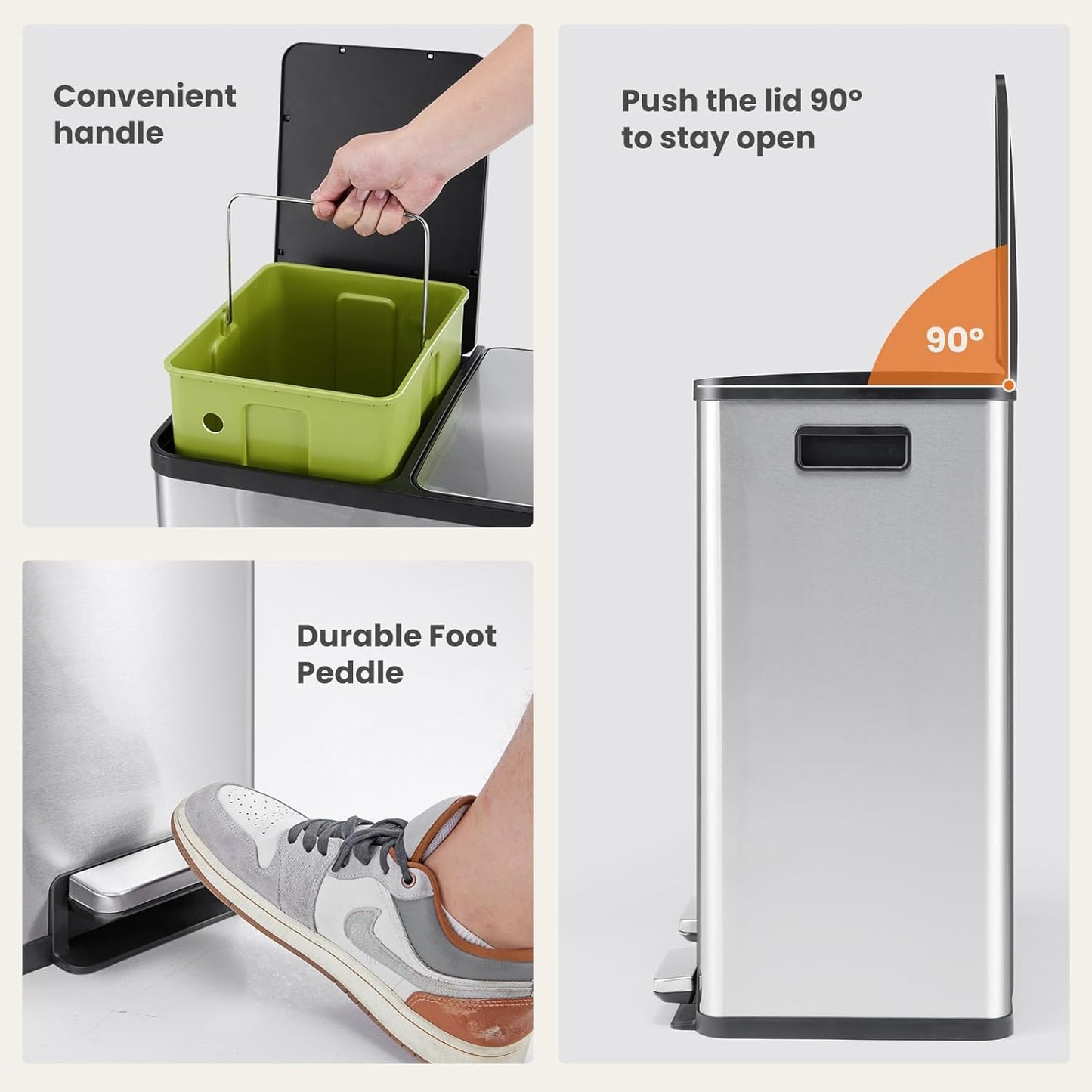 DUMOS Kitchen Trash Can, 2×8-Gallon Garbage Can with Lid, Stainless Steel Trash Bin with 2 Removable Inner Buckets, Soft-Close Foot Pedal, Fingerprint-Resistant for Kitchen Home Office