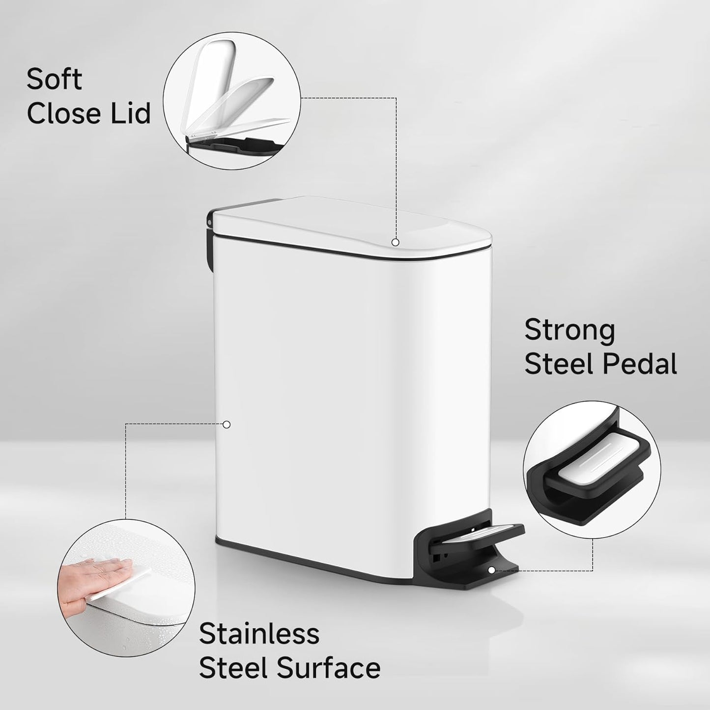 TIPGO Slim Bathroom Trash Can with Lid Soft Close, Step Pedal, 6 Liter / 1.6 Gallon Stainless Steel Trash Bin, Small Garbage Cans for Bedroom, Office, Kitchen (White)