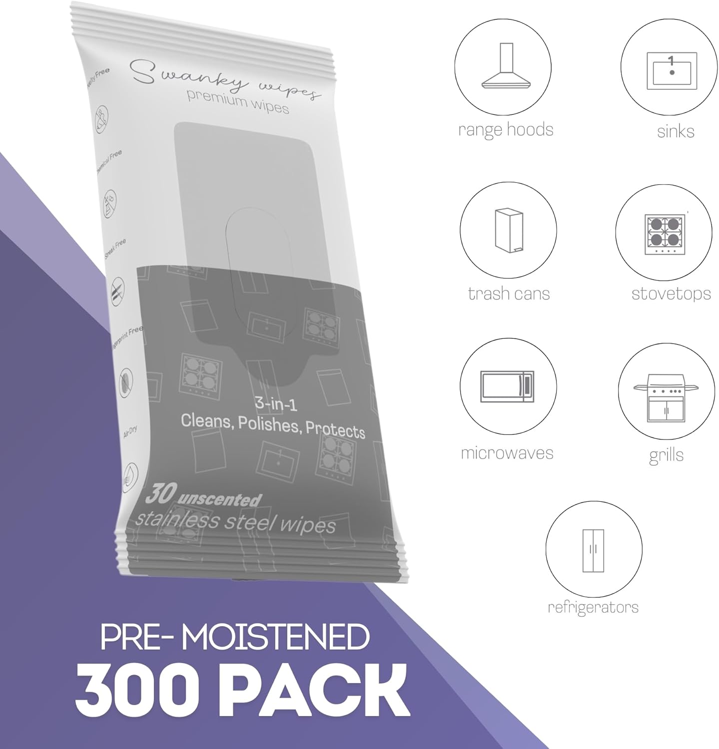 Swanky Stainless Steel Cleaner Wipes - Grime & Grease Remover Kitchen Cleaning Supplies - Clean & Shine, For Stove Top, Refrigerator, Sink, Oven, & Household Appliances - Soft Wipes, 300 Count