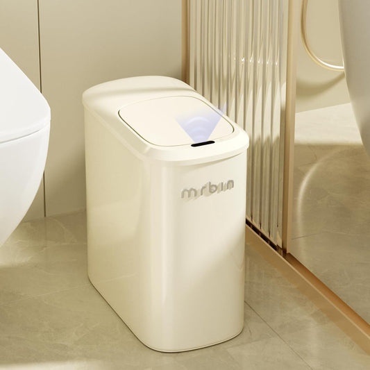 MRBIN Motion Sensor Bathroom Metal Trash Can with Lid and Wheels, 10L/2.6gal Automatic Removable Slim Electric Narrow Waste Basket for Near Desk Office, Bedroom, Kitchen, Rv, White