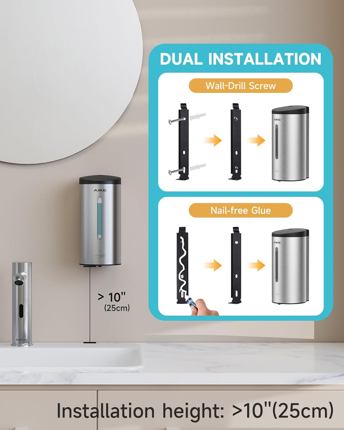 AIKE Automatic Wall Mount Liquid Soap Dispenser, Commercial Stainless Steel with 25oz Large Capacity Save Time Effort and Cost,Model AK1205(Brushed)