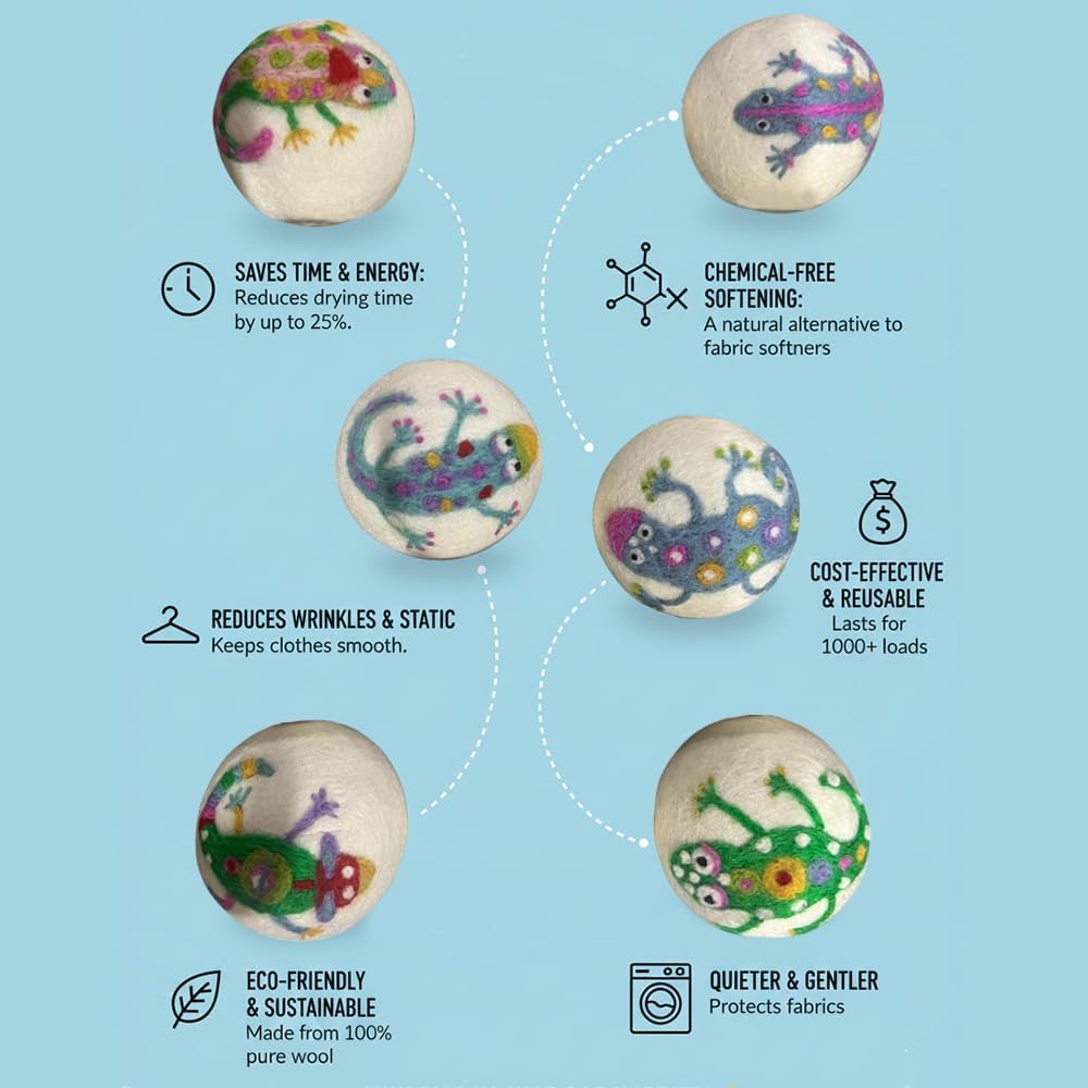 Ezhippie Quality Wool Dryer Balls - 6 XL Lizard Pack - 1000+ Loads - Pure Organic Wool - Reusable Natural Fabric Softener Perfect with Essential Oils, Reduce Clothing Static and Wrinkles