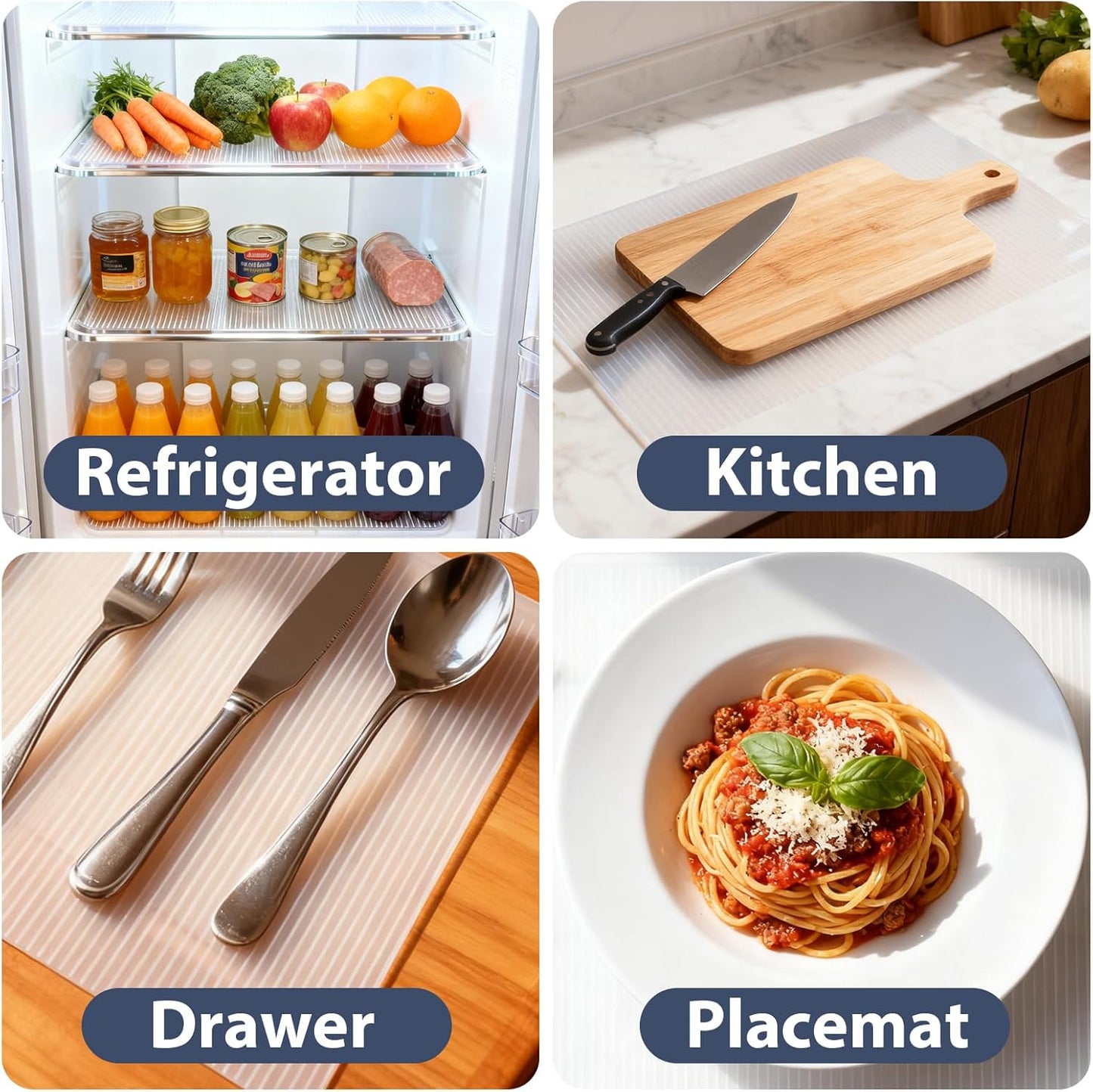 Non-Slip Silicone Refrigerator Shelf Liners (4 Pack), Waterproof Fridge Mats with Raised Edge, Cut-to-Fit Drawer & Cabinet Liners, Easy Clean Food-Grade Shelf Protector, Gray