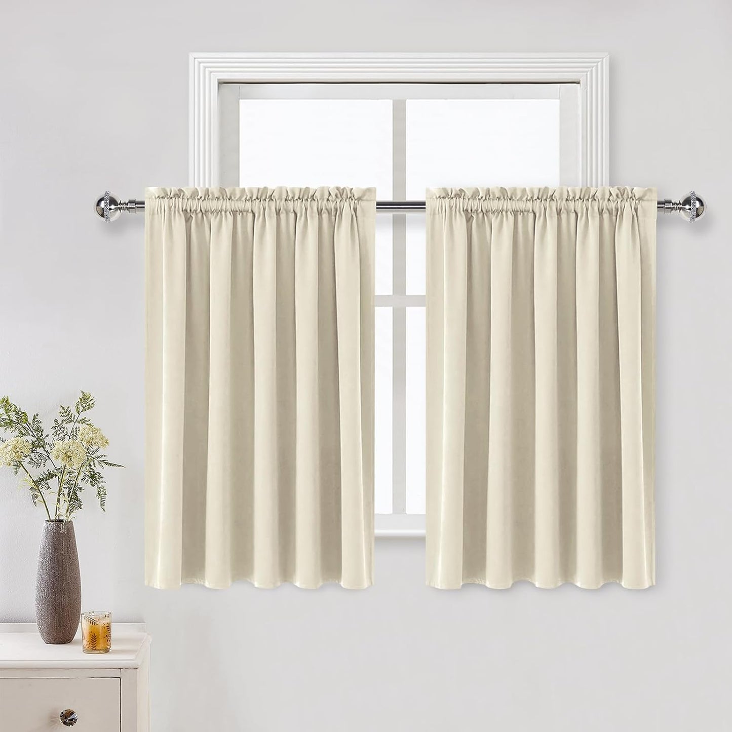 DWCN Thermal Short Blackout Curtains for Bedroom/Kitchen, Energy Saving Room Darkening Curtains for Nursery/Bedroom/Kitchen(W60 x L36inch, Light Beige, Set of 2 Panels, Top of Rod Pocket)
