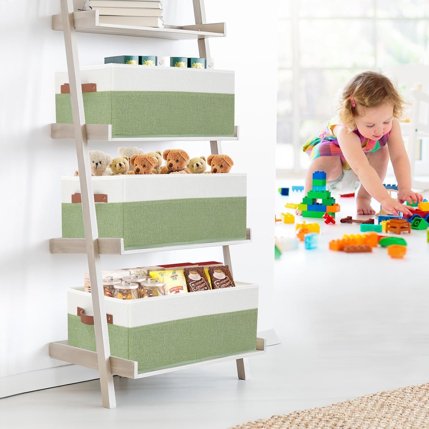 3 Pack Large Capacity Storage Bins Closet Organizer for Shelves, Fabric Closet Storage Baskets Boxes with Leather Handles for Organizing Clothes, Sheets, Jeans, Toys, Books (Green)