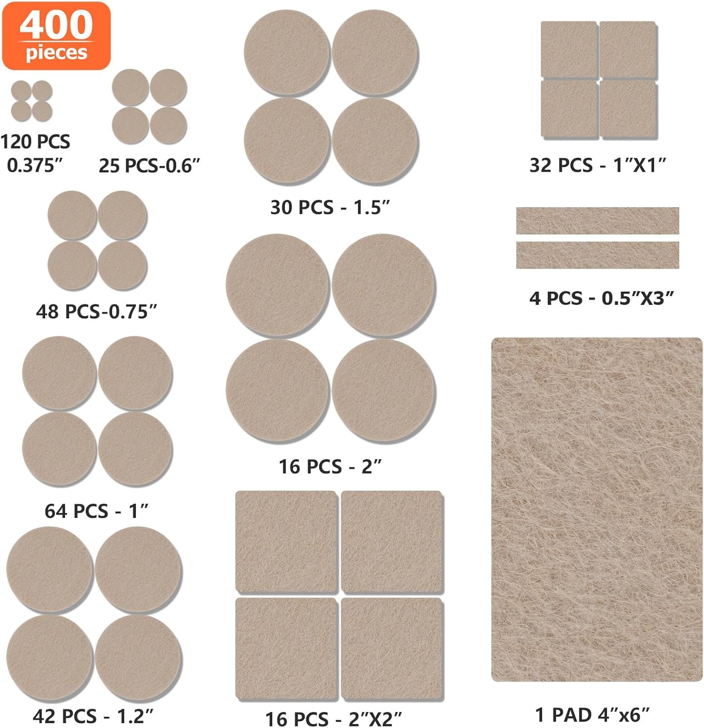Felt Furniture Pads 400 Pieces, Furniture Pads for Hardwood Floors, Floor Protectors for Furniture Legs, Felt Pads for Furniture, Many Large Sizes Beige