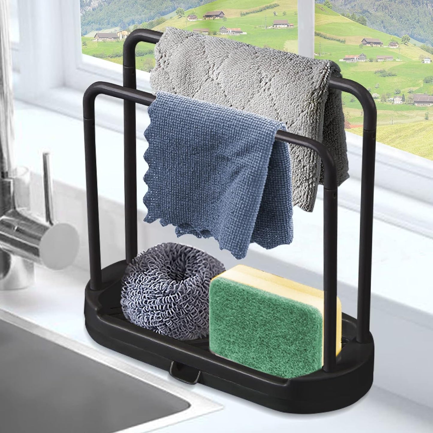 Kitchen Sink Rack Tray Organizer Stand for Sponge, Dish Cloth, Rag, Brush, Scrubber Storage and Organization (Black)