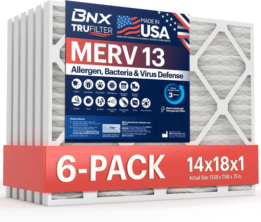 BNX TruFilter 14x18x1 Air Filter MERV 13 (6-Pack) - MADE IN USA - Electrostatic Pleated Air