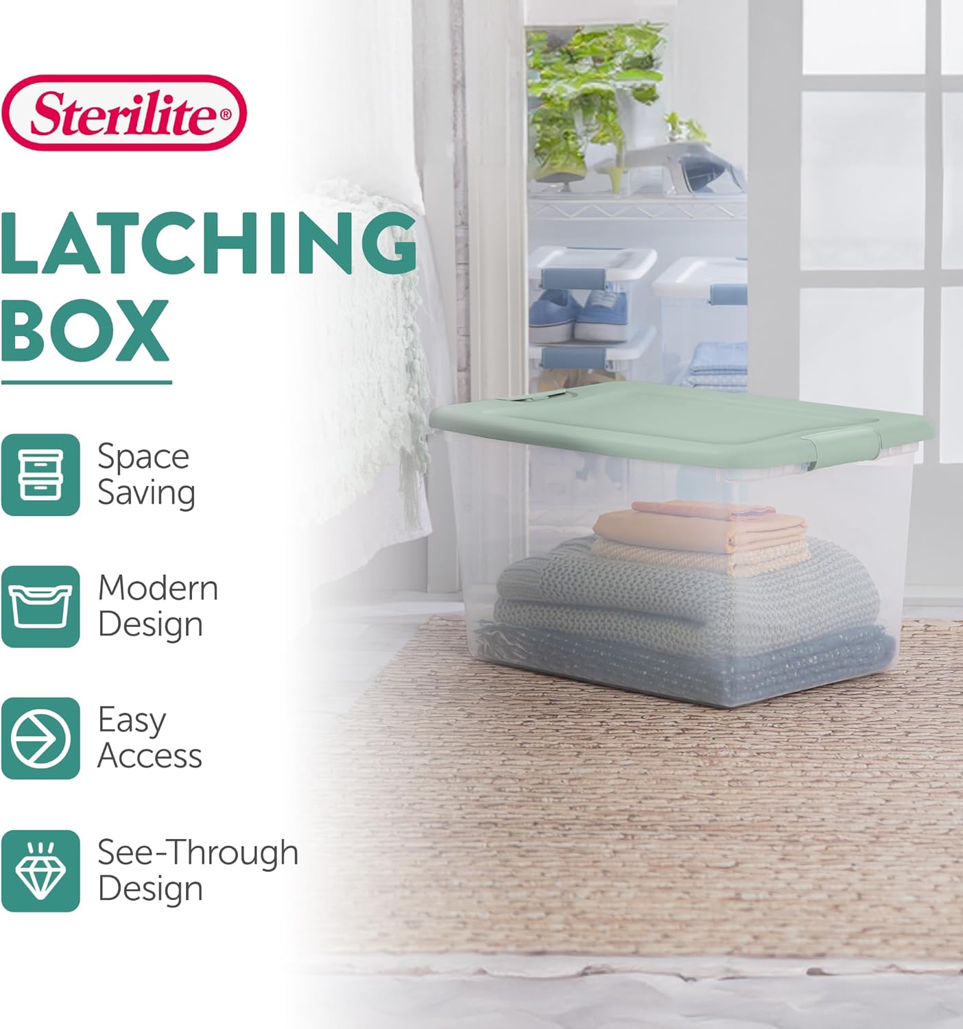 Sterilite 6 Pack Latching Box, Clear Plastic Stackable Storage Bin with Lid, 64 Quart, Mindful Mint