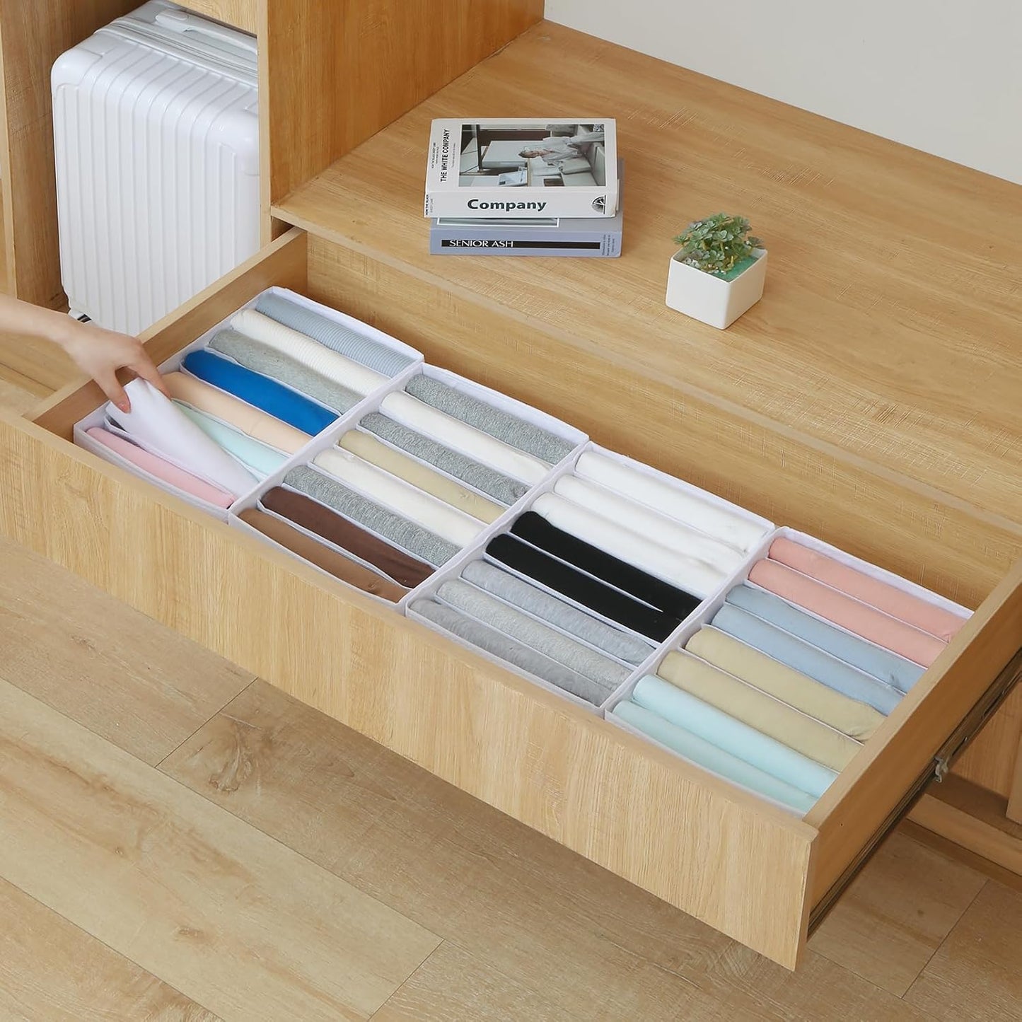 Qozary 4 Pack Drawer Organizers for Clothing, 8 Grids Foldable Closet Organizers and Storage Bins for Bedroom, Dresser Organizer Boxes for Thin T-shirts, Tank Tops