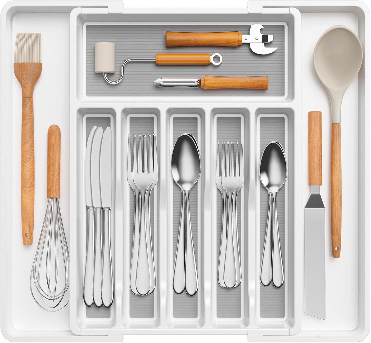 Lifewit Silverware Drawer Organizer, Expandable Utensil Tray with Non-Slip TPR, Deep Flatware Cutlery Holder, Adjustable Plastic Kitchen Storage for Spoons Forks Knives, Large, White and Gray
