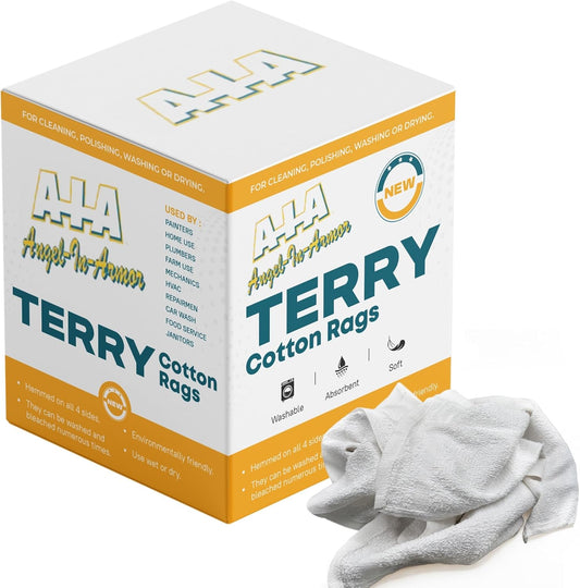 Angel-in-Armor White Terry Cloth Rags (16” x 19”) – 25lb Bulk Box of 100% Cotton Cleaning Rags