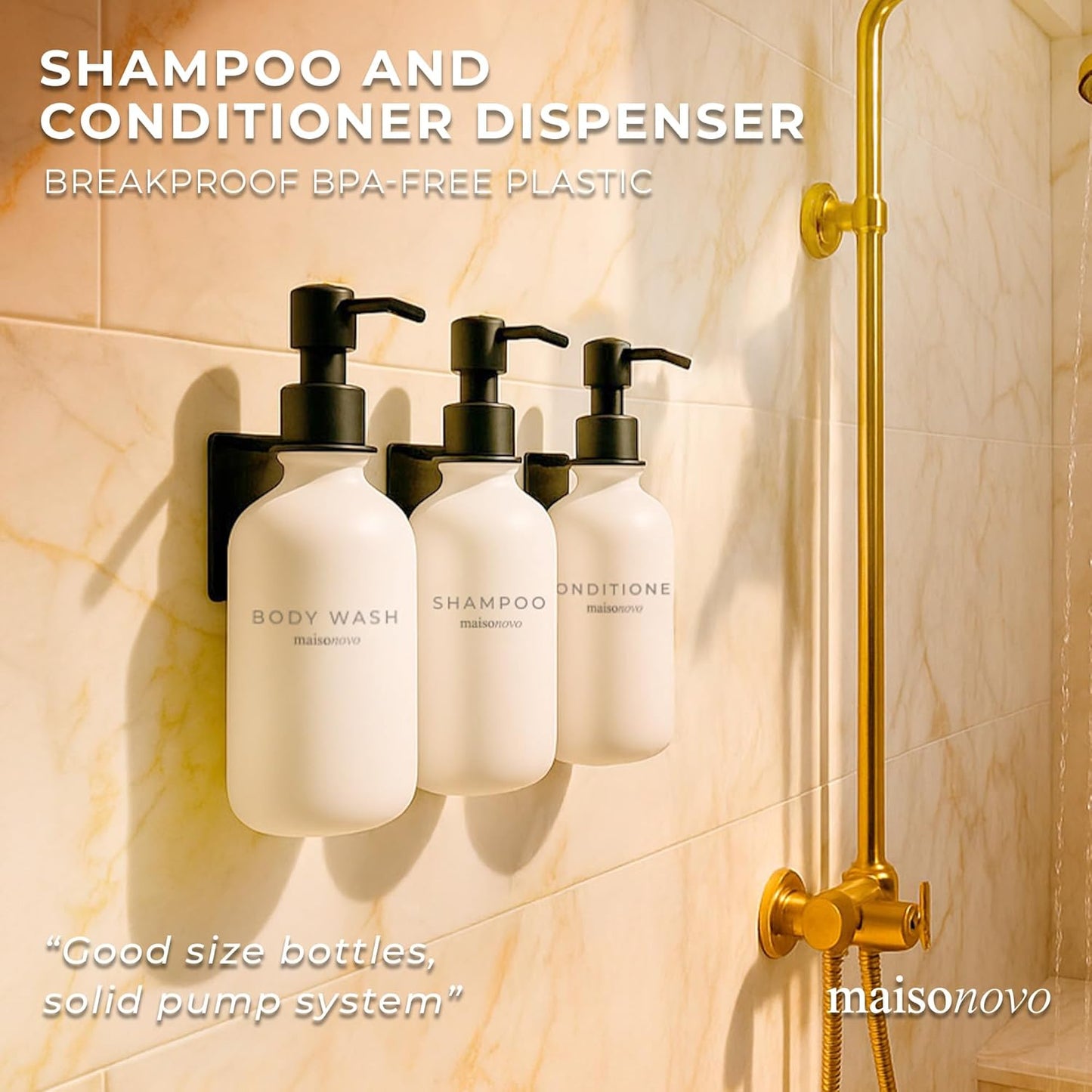 MaisoNovo Shampoo and Conditioner Dispenser - Shower Soap Dispenser Wall Mounted - 16.9 fl oz Set of 3 White Plastic Bottles Black Pump - 3 Chamber No Drill