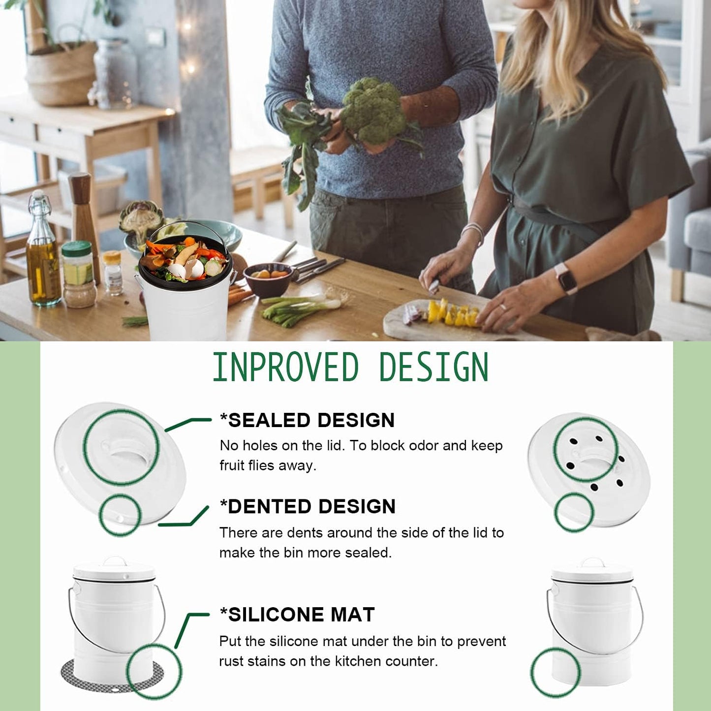 Compost Bin for Kitchen Counter, LALASTAR Small Metal Compost Bin Indoor Kitchen Sealed with Lid for Food Waste, Countertop Composter Container, White, 1 Gallon