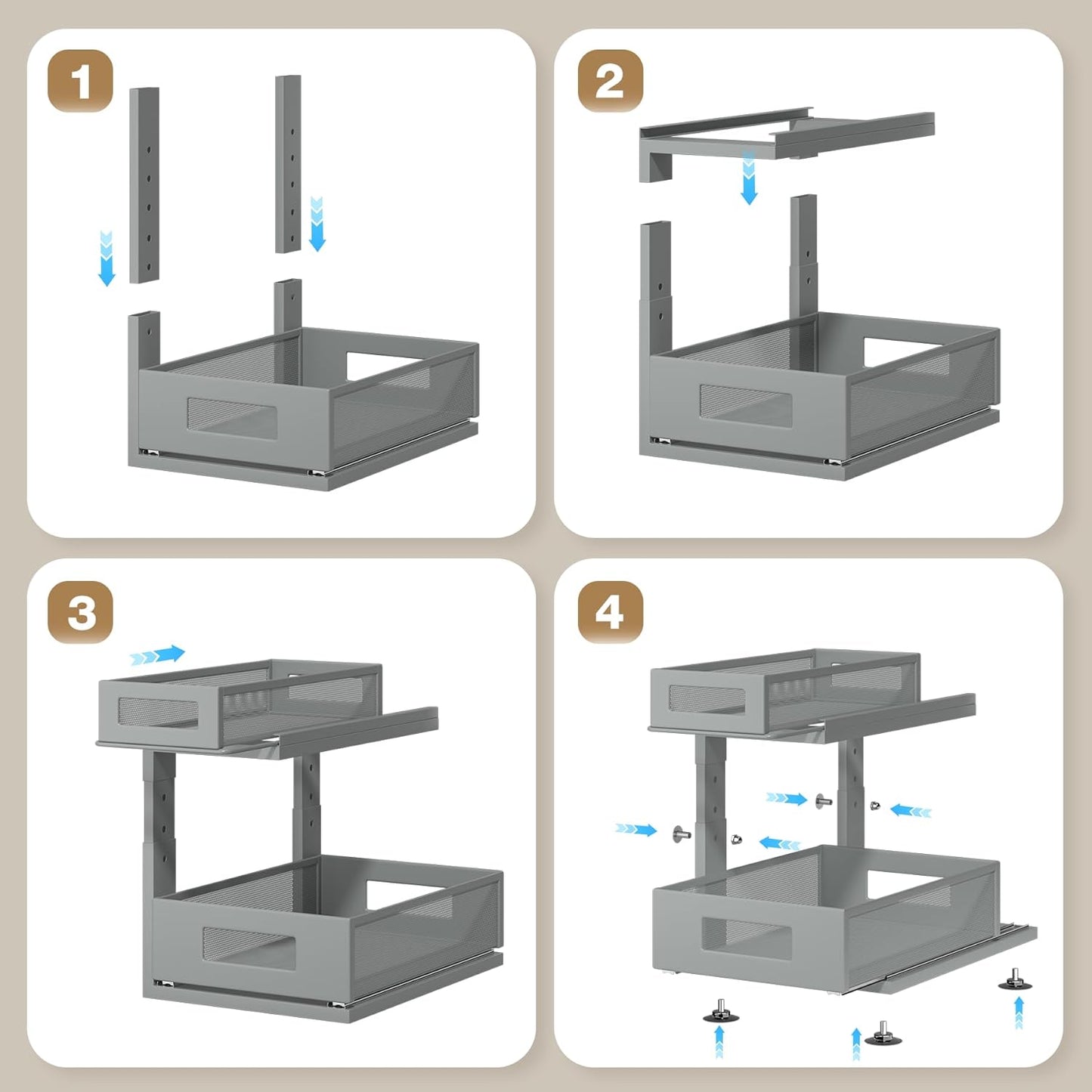 2 Pack 15.74IN-Depth Under Sink Organizer With Next-Gen Ball-Bearing Slides,2-Tier Pull Out Cabinet Storage,Height Adjustable Drawer Shelf for Bathroom,Kitchen,Laundry,Cabinet,Pantry-Gun Gray