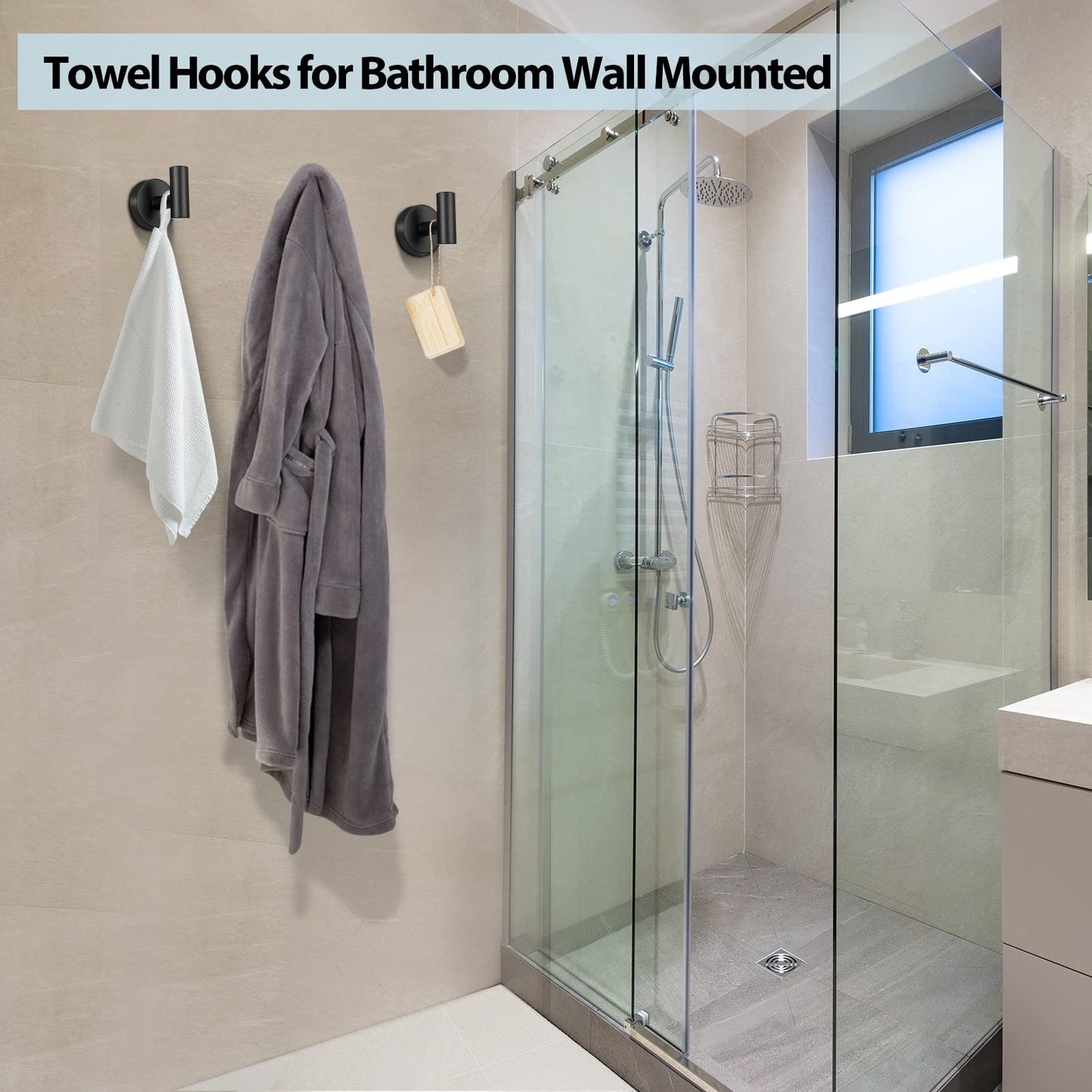 Kruodop Towel Hooks for Bathroom,2 Packs Wall Mount Towel Holder,Black Matte Wall Robe