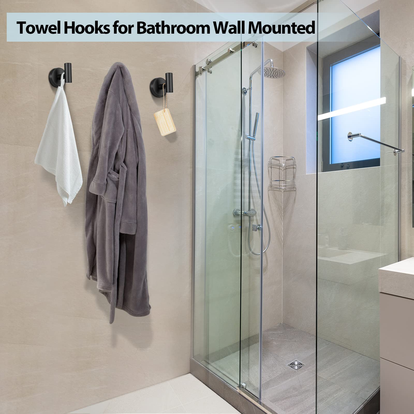 Kruodop Towel Hooks for Bathroom,2 Packs Wall Mount Towel Holder,Black Matte Wall Robe
