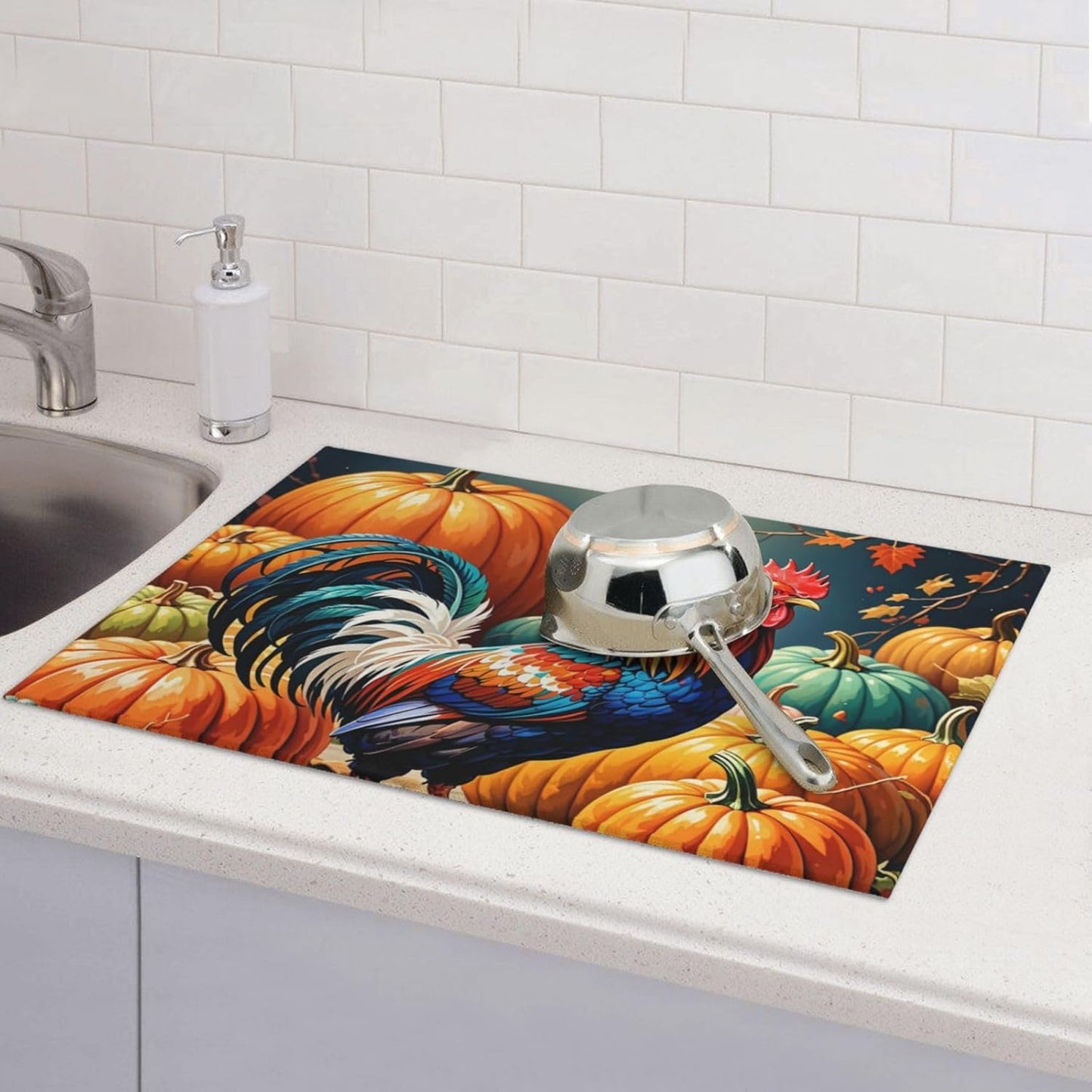 Rooster Pumpkin Dish Drying Mat Highly Absorbent Double-Sided Microfiber with Hanging Loop Reversible Drain Dish Rack Mat Drain Mat Suitable for Kitchen Countertop Coffee Bar 18 x 24 Inch
