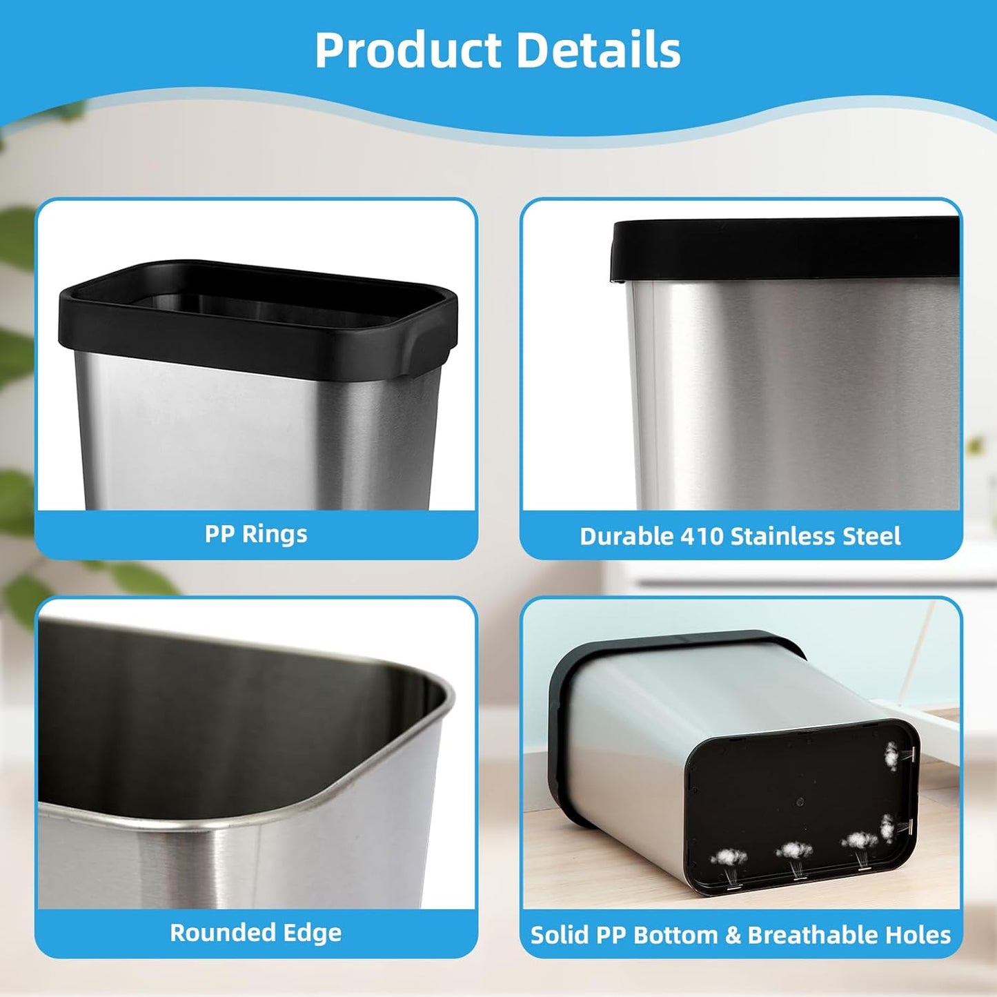 3 Pack Stainless Steel Trash Can 3 Gallon, Open Top Trash Can, 8" x 11" x 13", Rectangle Rubbish Bin, Slim and Narrow, No Lid Small Wastebasketfor Kitchen, Bathroom, Living Room, Office