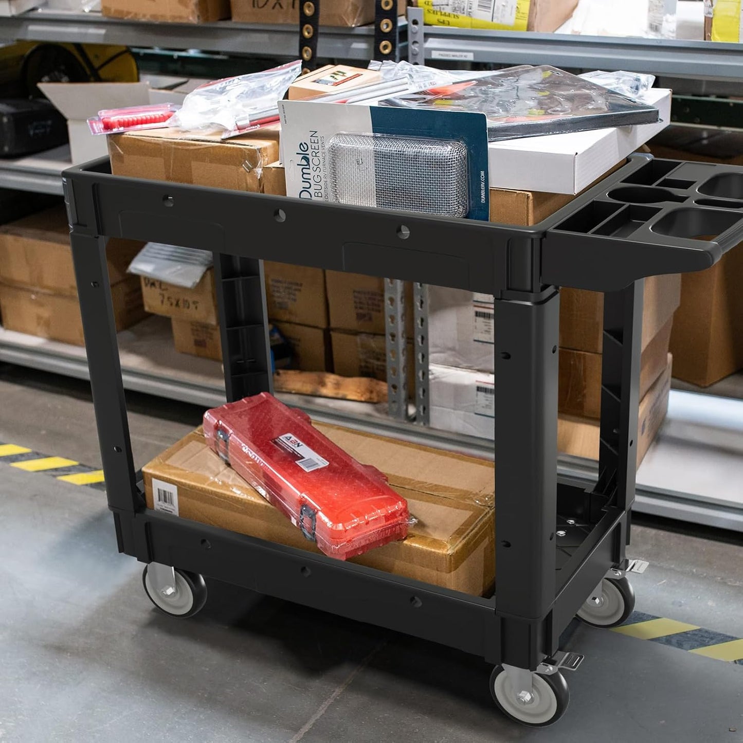 2 Tier Plastic Rolling Cart Utility Cart on Wheels, Heavy Duty Tool Carts with Ergonomic Storage Handle and Deep Shelfs, Work Cart Service Cartss for Garage, Warehouse, Workshop, Office, Cleaning