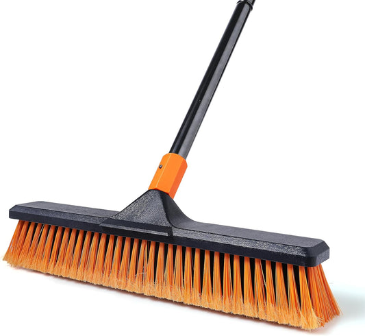 18" Push Broom Outdoor for Floor Cleaning with Extendable Long Handle, Stiff Bristle Heavy Duty
