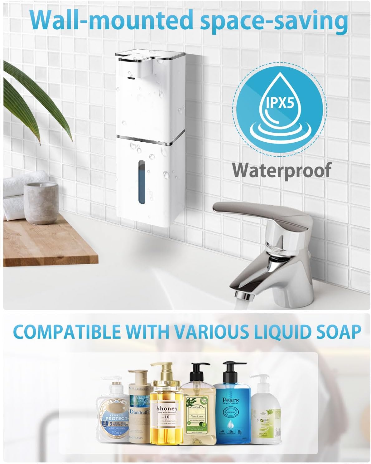 Automatic Liquid Soap Dispenser Touchless Soap Dispenser 380ml/12.8oz Rechargeable, Wall Mounted,4 Levels Adjustable Auto Soap Pump for Bathroom Kitchen Dish Soap