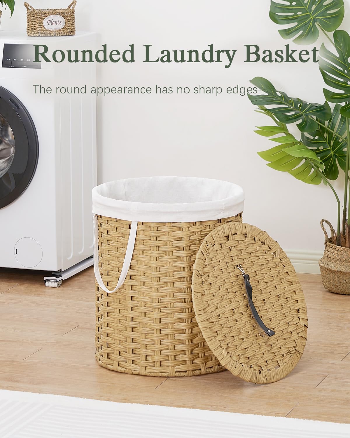 Laundry Hamper with Lid Wicker Laundry Hamper Round 26.5 Gal (100 L) Laundry Basket Handwoven Rattan Laundry Basket with Removable Bag Handles 2 Mesh Bags for Living Room Bedroom Natural