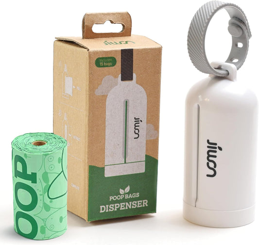 JIWON Dog Poop Bag Dispenser with 100% Compostable Refill Roll, Thick & Leakproof, Plant-Based, Fits Any Leash, 1 Dispenser and 15 Bags (1 Roll), Unscented