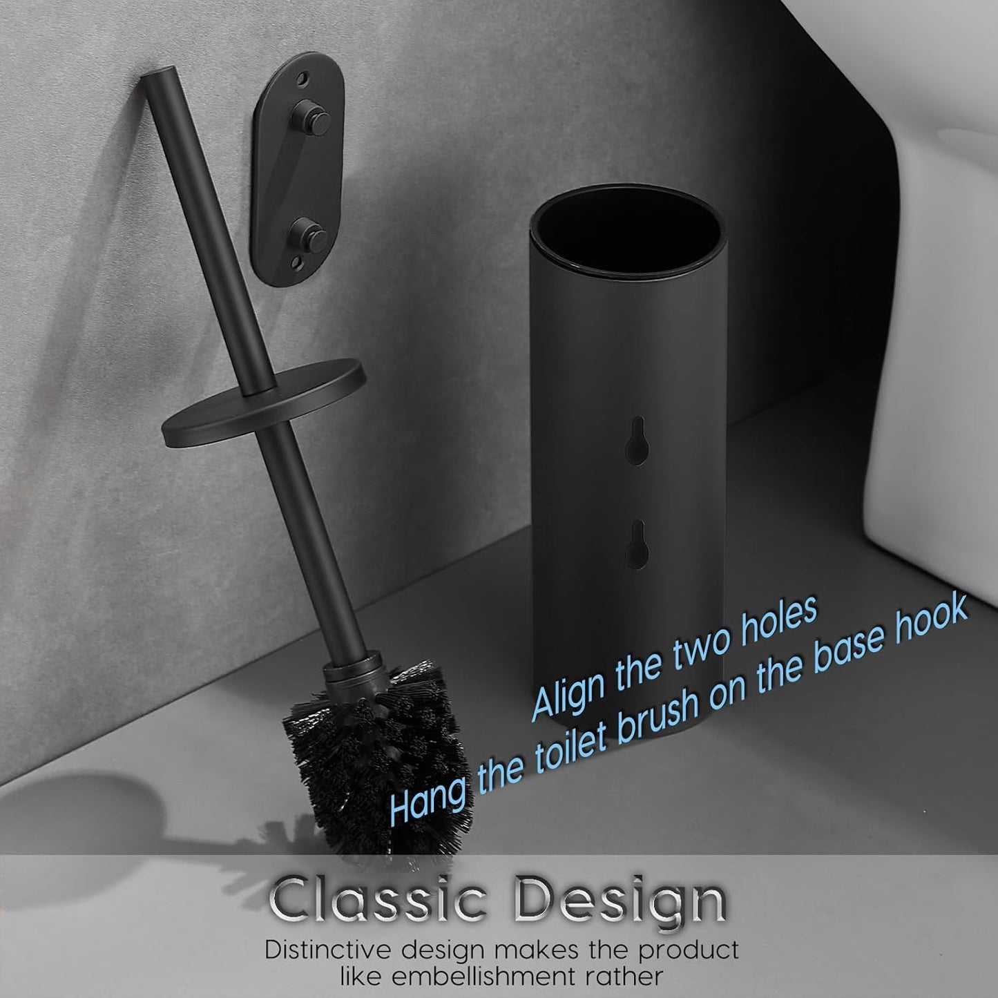 Toilet Bowl Brush and Holder, 304 Stainless Steel No-Punch Hook Base Dual Purpose Toilet Brush Holder with Removable Inner Bucket and Splash Cover - Soft Bristles (Black)