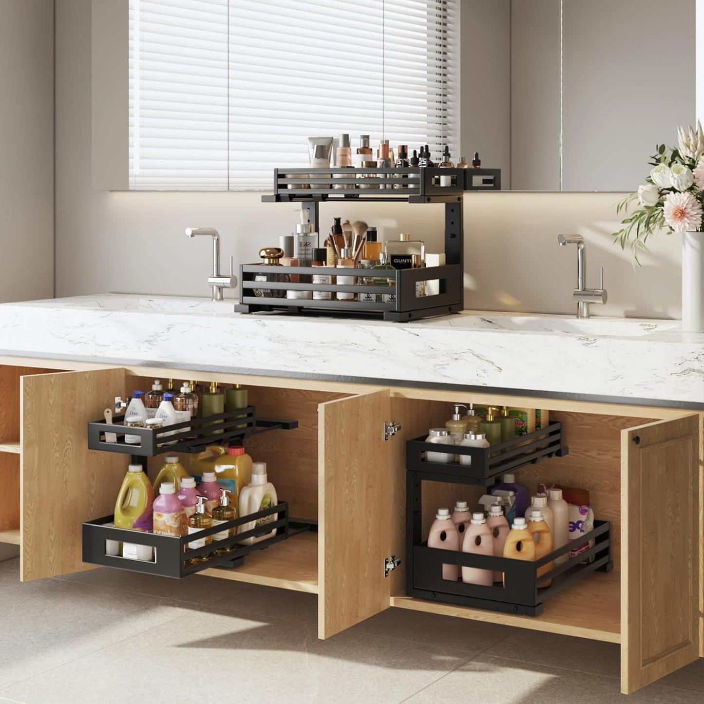 2-Pack Under Sink Organizers and Storage,2-Tier L Shape Pull Out Cabinet Organizer With Round Tube Slide Rails,Hight Adjustable Slide Out Drawers for Kitchen&Bathroom,Multi-Purpose Storage Shelf-Black