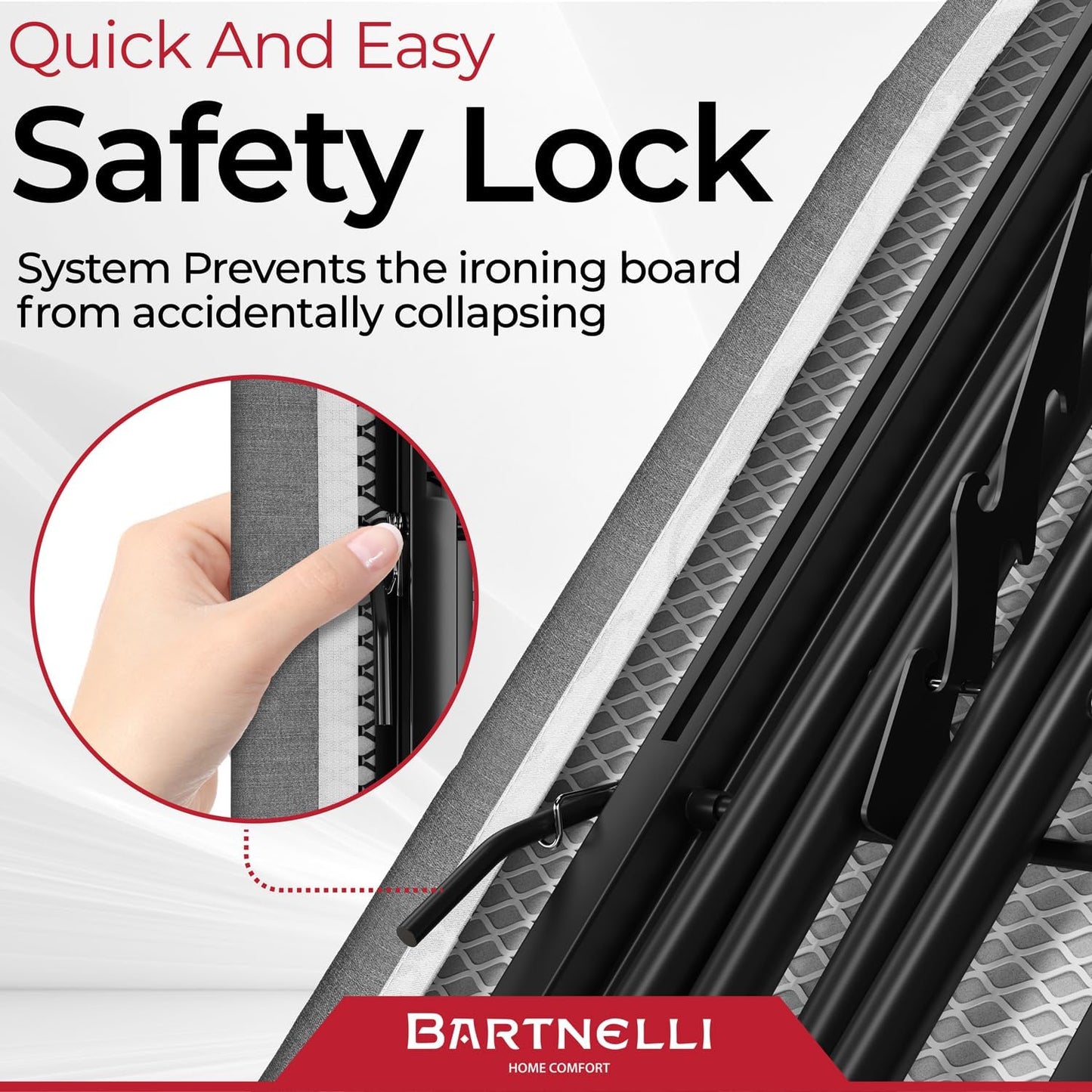 Bartnelli by Rorets Ironing Board Made in Europe | Iron Board with 4 Layered Cover & Pad, Height Adjustable up to 36" Features A Safety Iron Rest, 4 Steel Legs, for Laundry Room or Dorm Use (43x14)