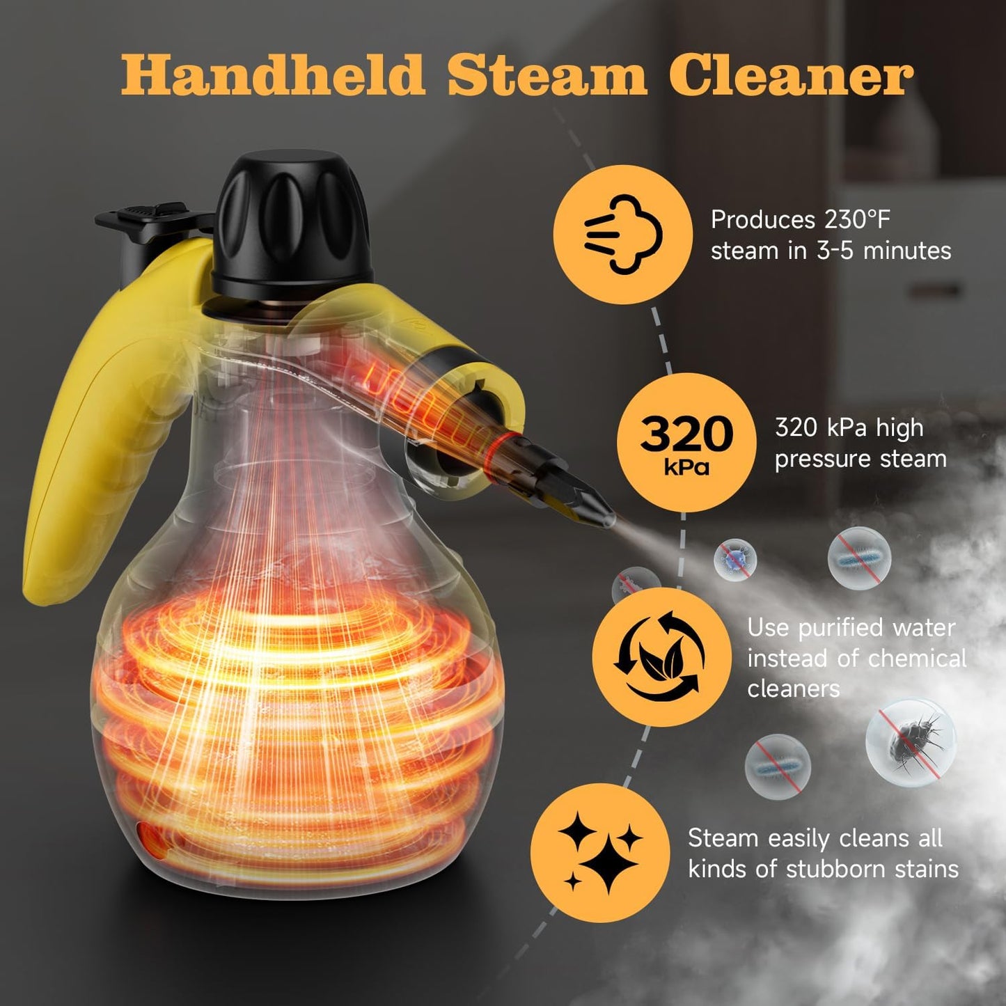 Steam Cleaner, Handheld Steam Cleaner for Home, 16-Piece Steam Cleaner Kit with Automatic Steam Switch, Steamer for Kitchen, Bathroom, Car, Living Room and Multi-Surface Deep Cleaning (Yellow)