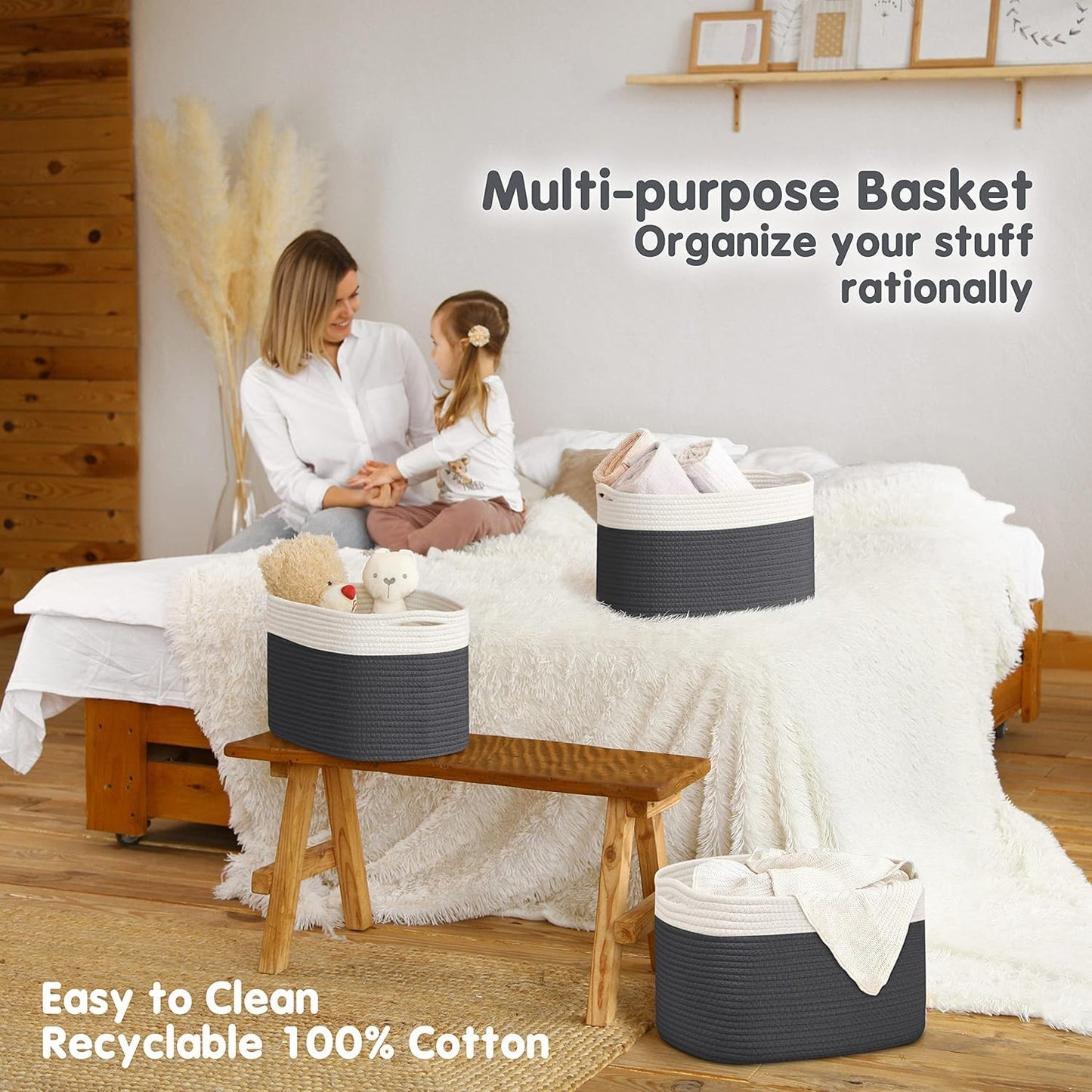 CHAT BLANC Cotton Rope Baskets for Organizing | Storage Baskets for Shelves | Rope Basket for Storage, Small Laundry Baskets, Woven Baskets for Storage, Dog Toy Bin, Baby Basket, White&Graphite 3 Pack