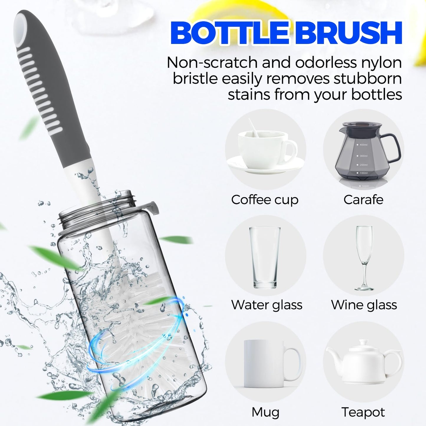 Holikme 6 Pack Dish Brush Set with Bottle Brush, Dish Scrub Brush,Gray