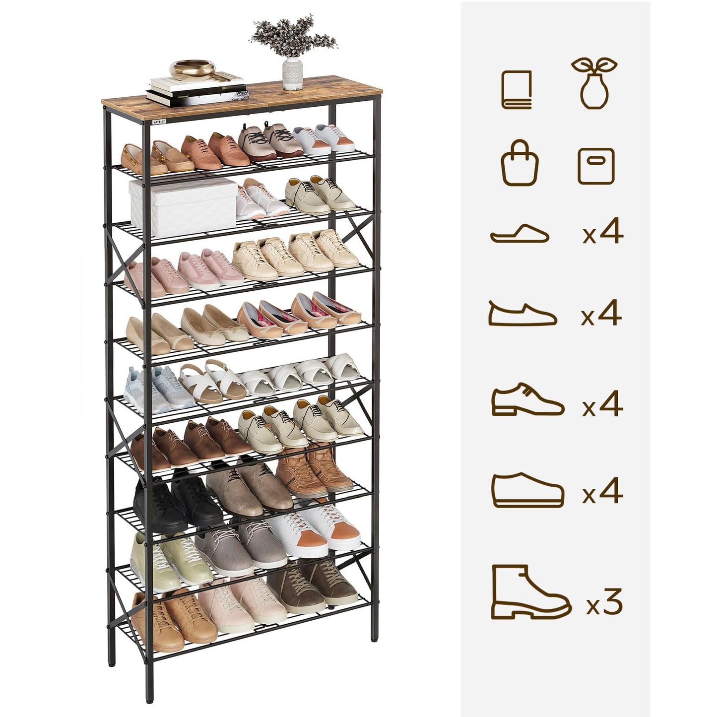 YATINEY 10 Tier Shoe Rack, Large Capacity Shoe Storage Organizer Holds 40 Pairs, Sturdy and Stable