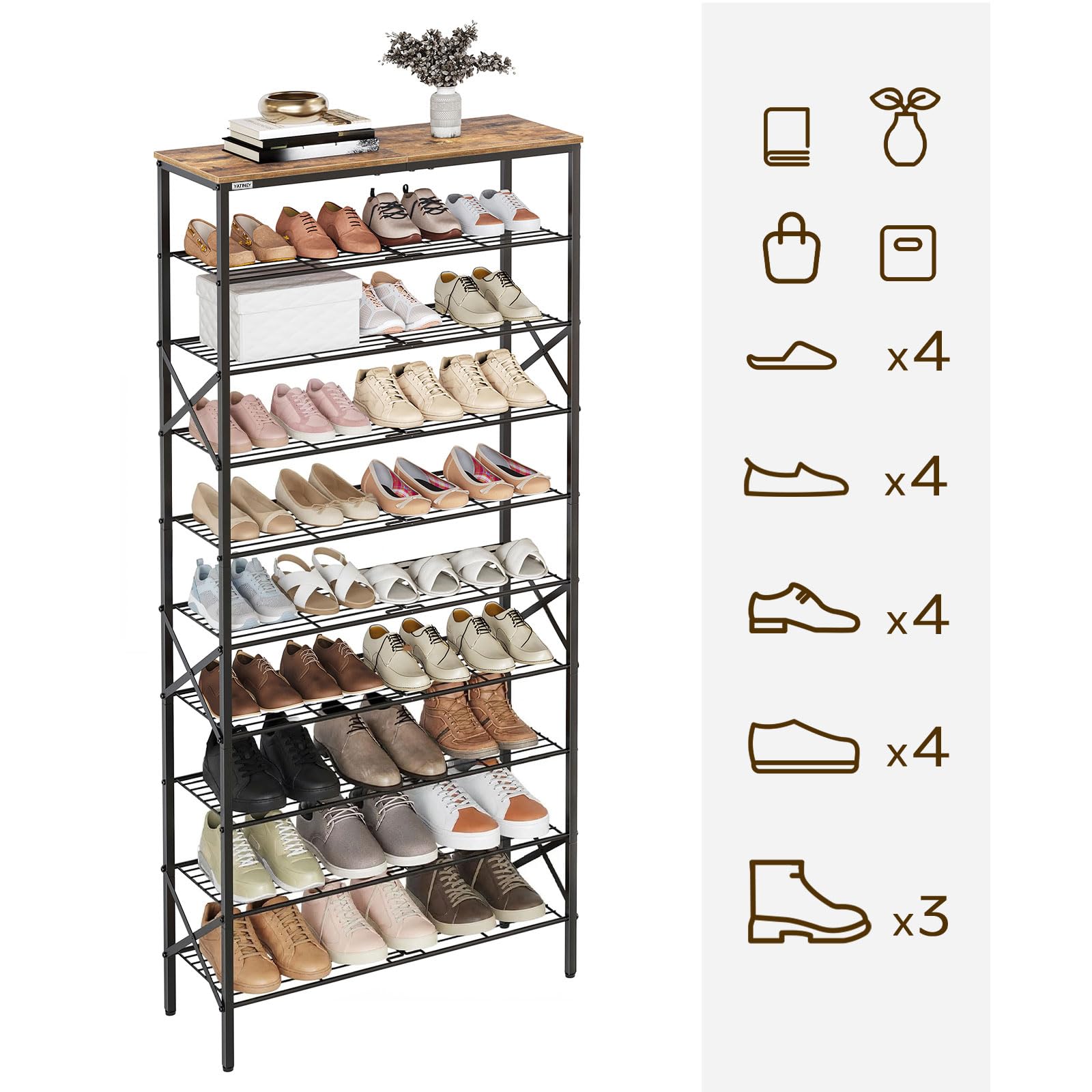 YATINEY 10 Tier Shoe Rack, Large Capacity Shoe Storage Organizer Holds 40 Pairs, Sturdy and Stable