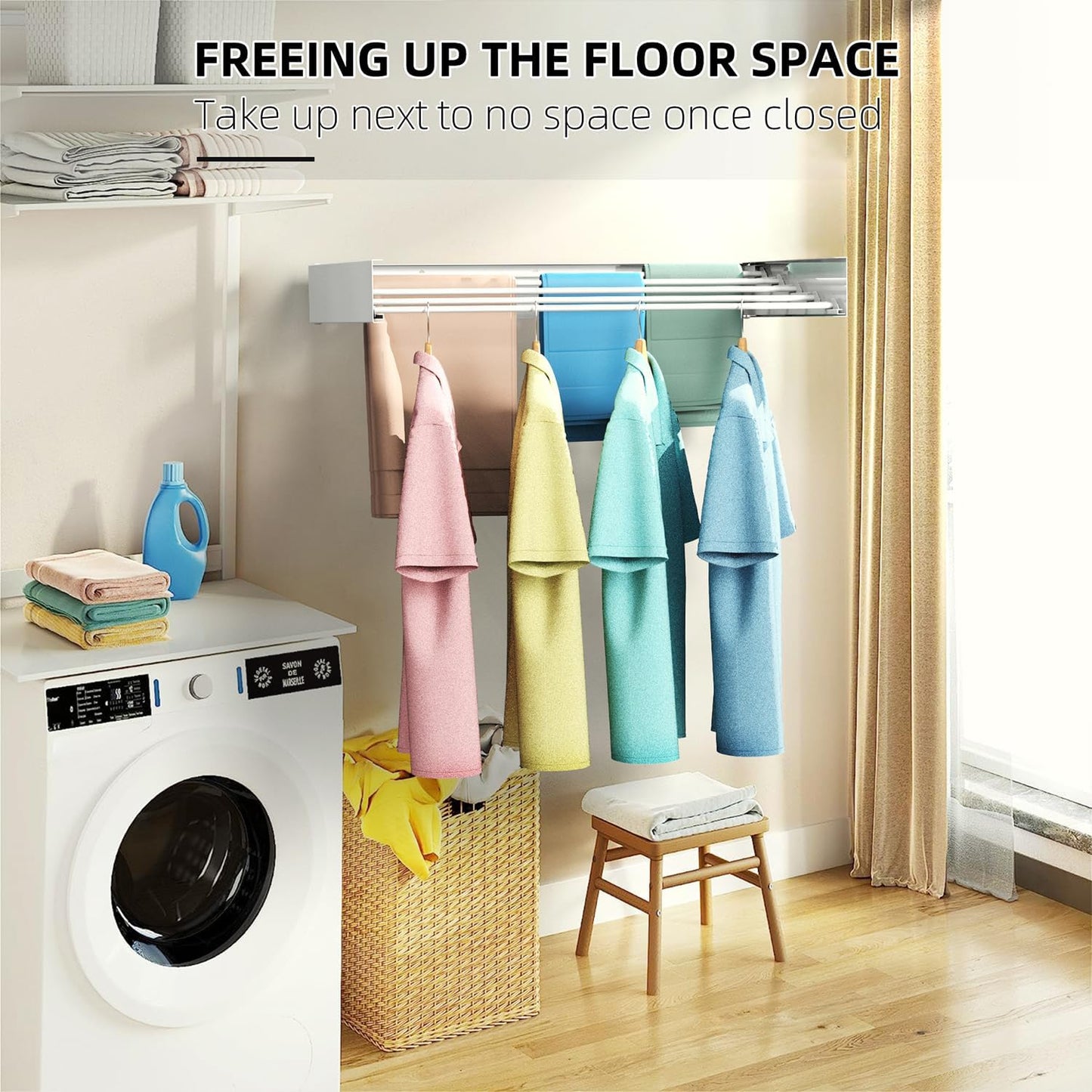 Laundry Drying Rack, Collapsible Wall Mounted Clothes Drying Rack - Foldable,Space Saving, 13.2 Linear Ft, 5 Aluminum Rods, 60 lb Capacity (White, 31.5)