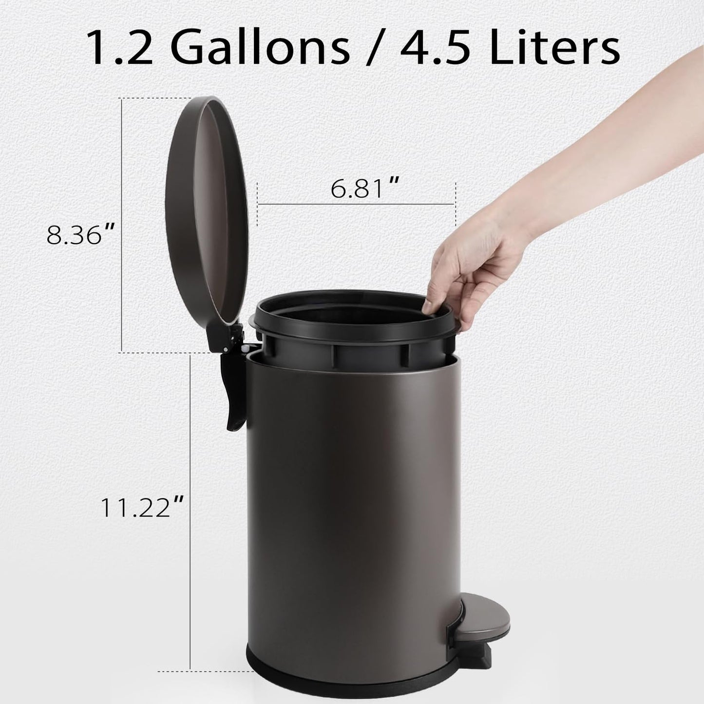 TIPGO Small Trash Can with Lid Soft Close, 4.5 Liters / 1.2 Gallon Bathroom Garbage Can, Mini Step Trash Bin, Stainless Steel Wastebasket for Bathroom, Bedroom, Office (Brown)