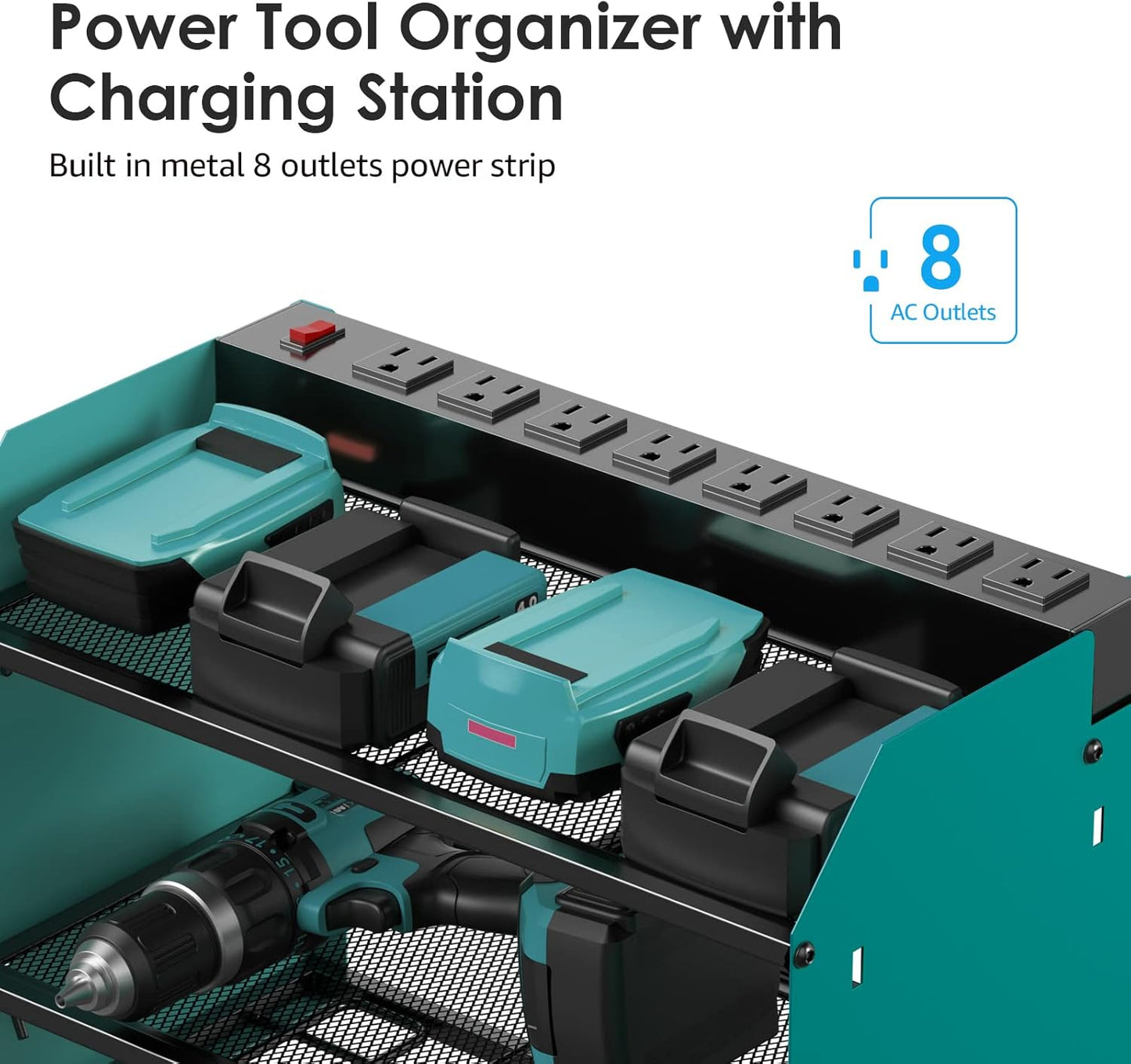 CCCEI Set Power Tool Organizer Wall Mount with Charging Station. Garage 4 Drill Storage Shelf with Hooks, Heavy Duty Metal Tool Battery Charger Organizer. Shop Utility Rack with Power Strip Navy Blue.