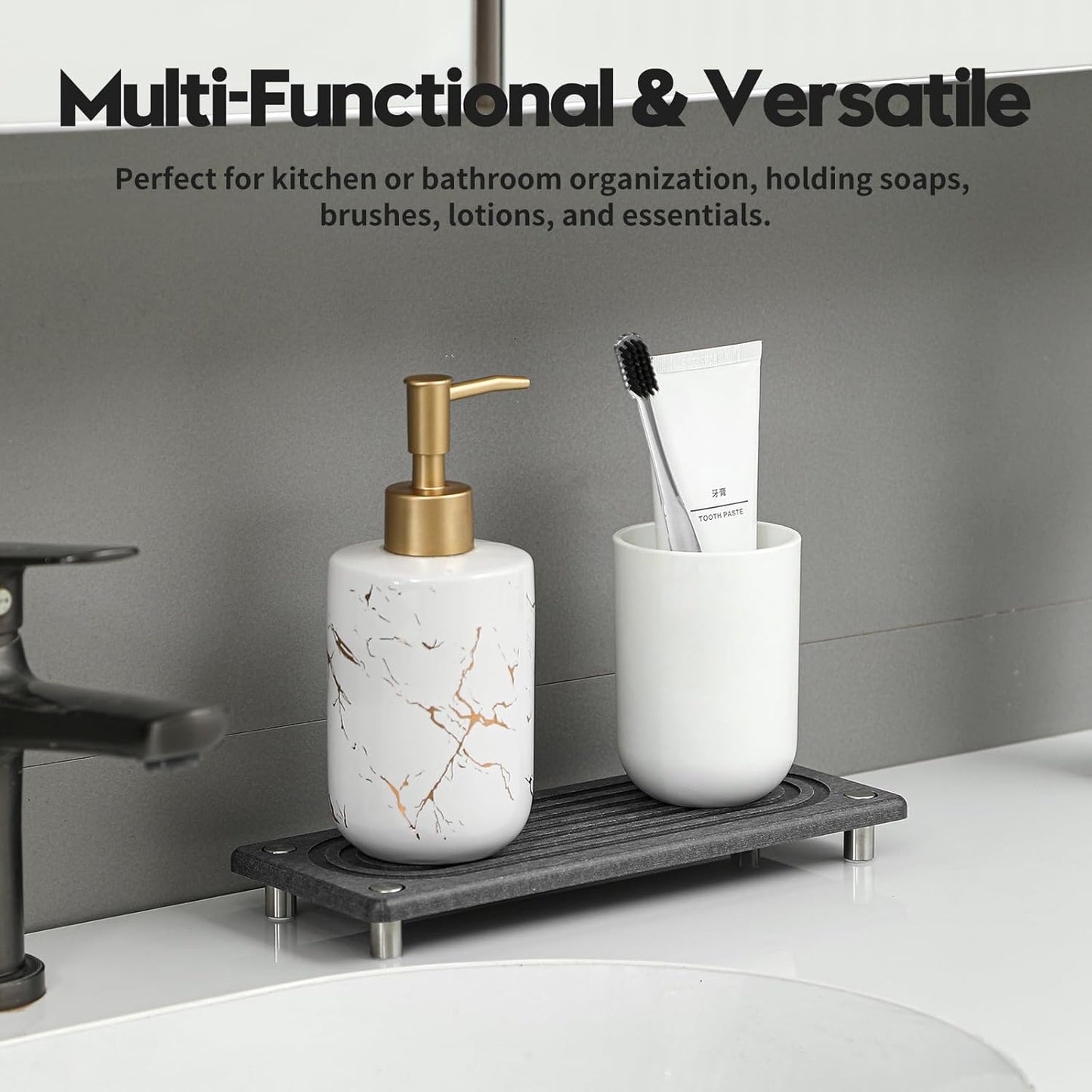 Water Absorbing Stone Sink Caddy Kitchen Sink Organizer Tray, Diatomite Bathroom Counter Tray, Faucet Drying Mat Coaster Soap Dish Rack Riser Dispenser Sponge Holder, Charcoal 10" x 4"