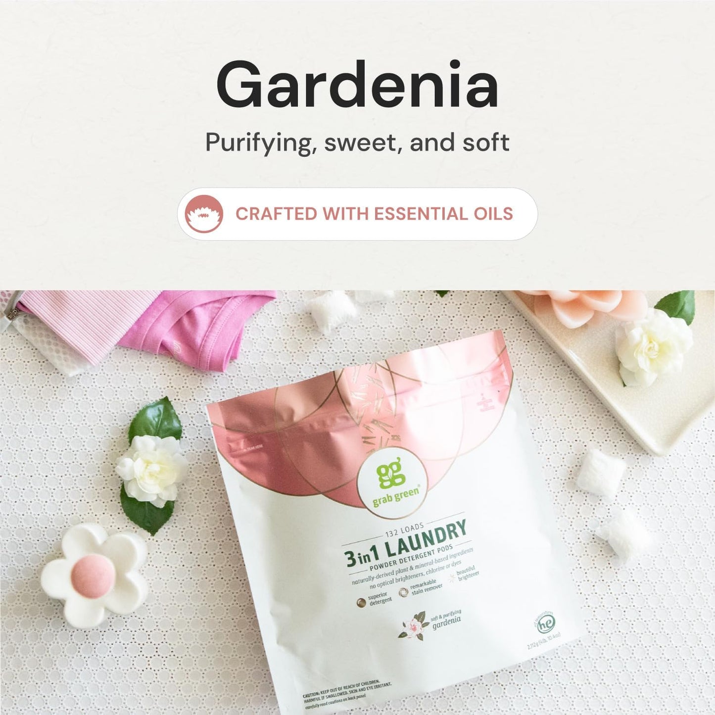 Grab Green 3-in-1 Laundry Detergent Pods, 132 Count, Gardenia Scent, Plant and Mineral Based, Superior Cleaning Power, Stain Remover, Brightens Clothes