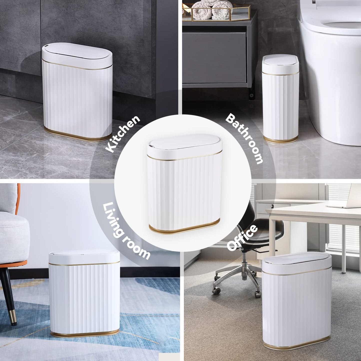 ELPHECO Bathroom Trash Can with Lid, 2 Gallon, Motion Sensor, White Gold