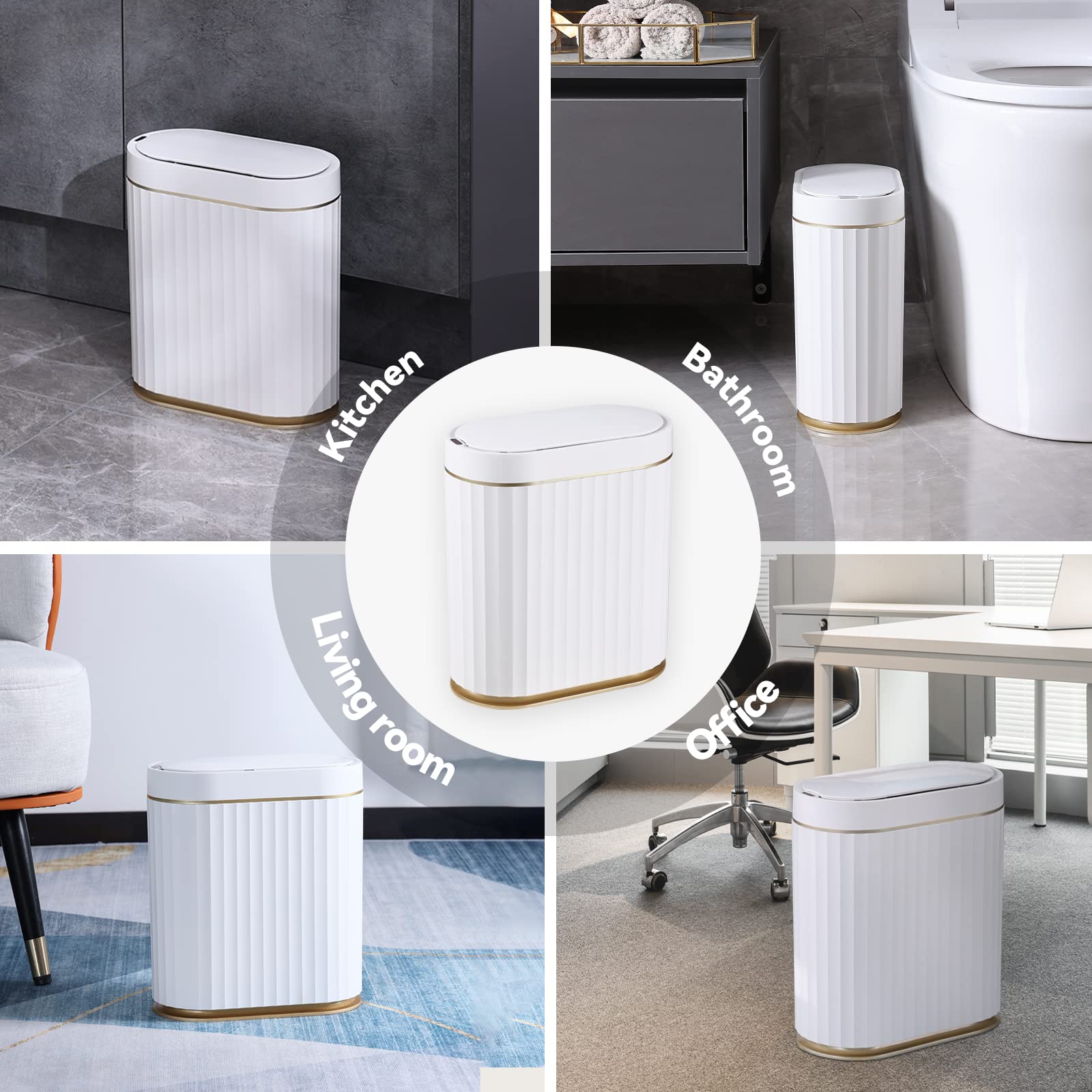 ELPHECO Bathroom Trash Can with Lid, 2 Gallon, Motion Sensor, White Gold