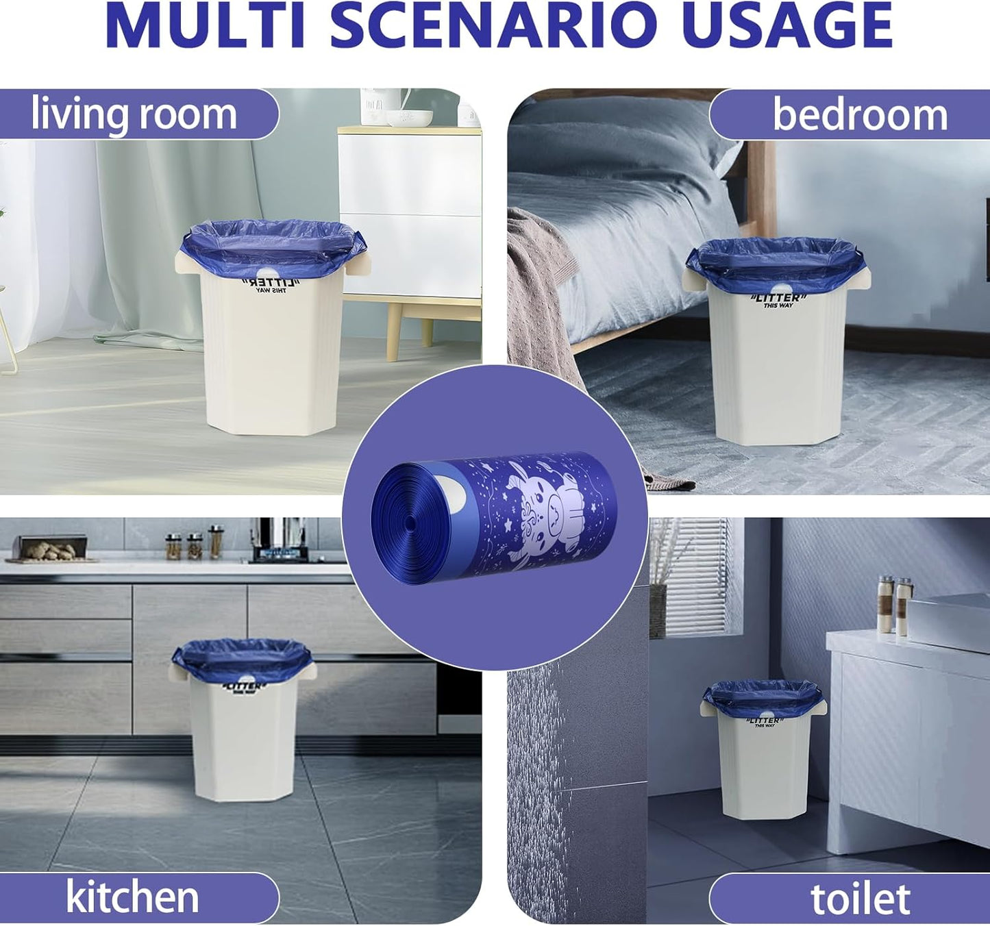 VOK 8 Gallon Trash Bags Drawstring, Medium Trash Bags for Office, Kitchen, Bedroom Trash Cans, Colored Portable Sturdy Garbage Bags 8 Gallon with Cute Cow Printed, 60 Counts